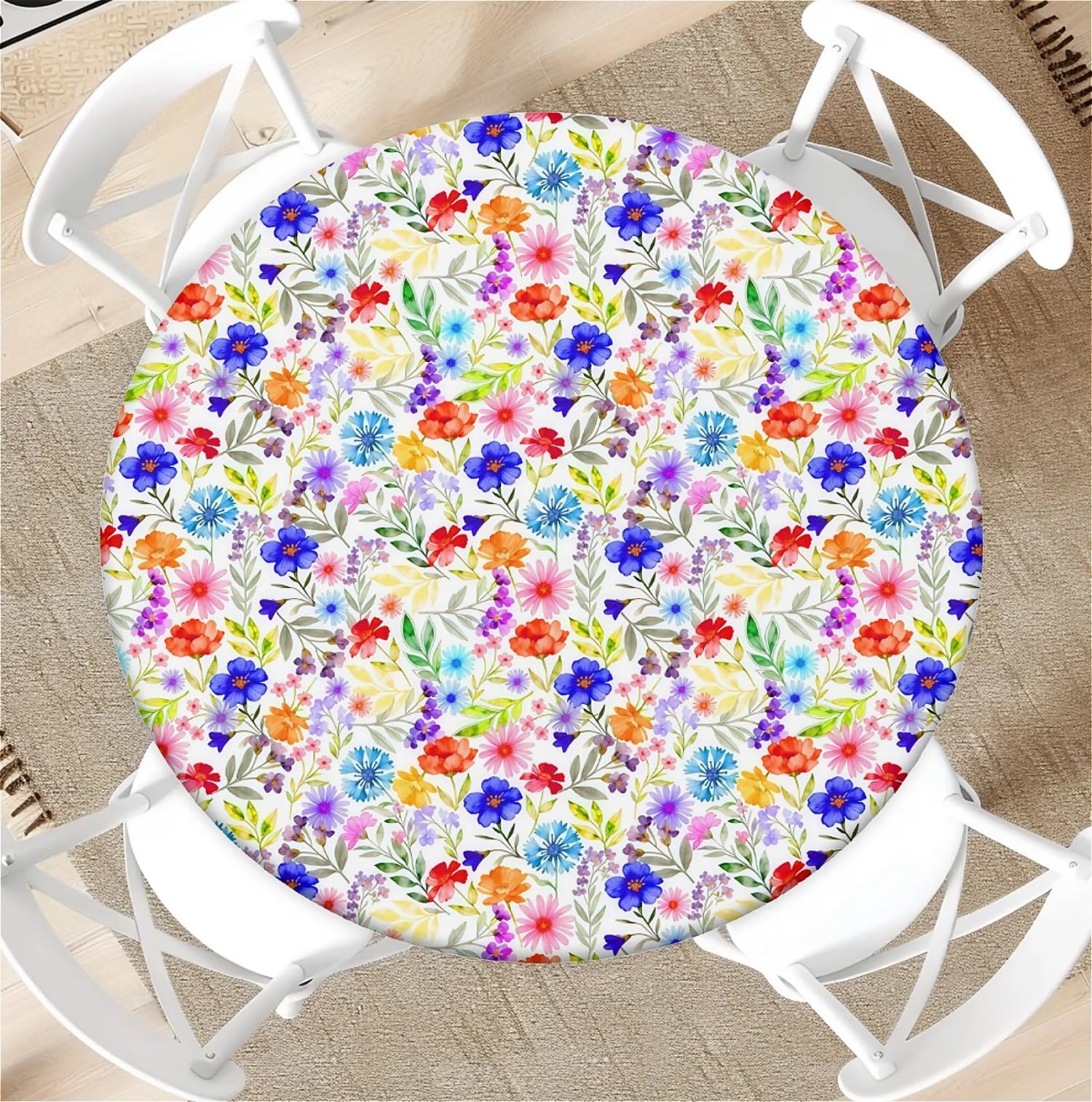 Round Tablecloth with Elastic Edge 44 Inch Waterproof Outdoor Fitted Table Cover for Dining, Kitchen, Party –Colorful Flowers Decorative Patterned Table Protector