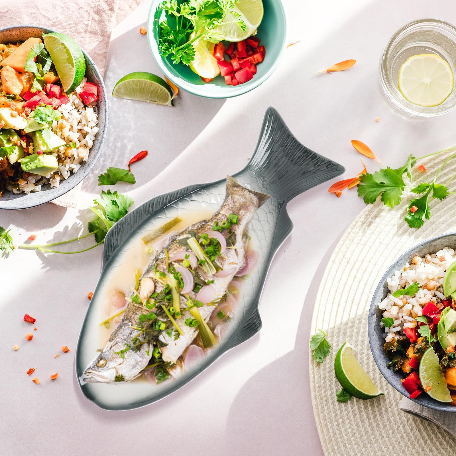 Beavorty Bandeja para Pescado Adecuado para Servir Mariscos y Aperitivos Forma de Pez de Cerámica Elegante y Delicada Mesa del Comedor
