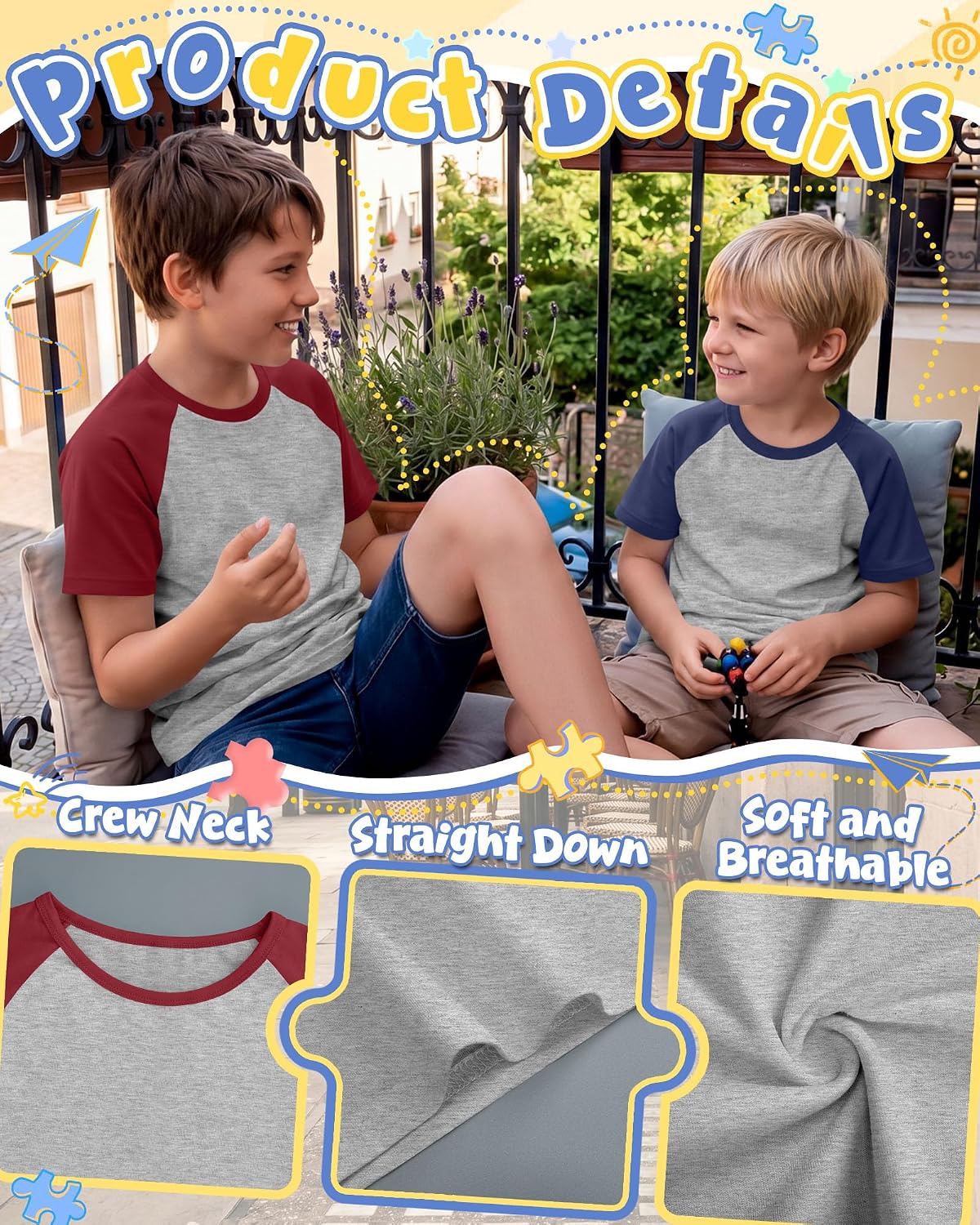 Yooo's Vivi 3 Pack Boys' Short Sleeve T-Shirts Raglan Crew Neck Tees Summer Baseball Casual Shirts
