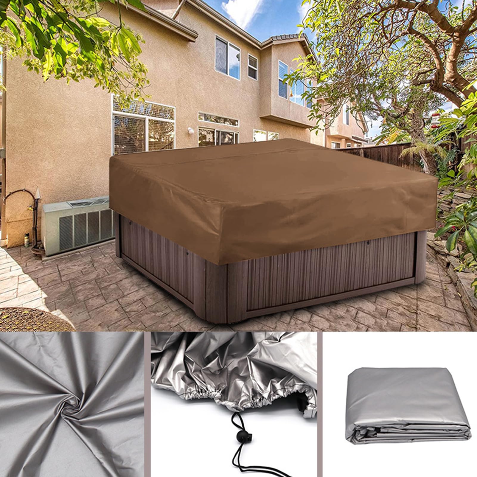 Housse de Spa carrée, Housse de Protection pour Spa avec élastique, étanche à l'eau, résistante au Soleil et aux UV, Housse de Bain de Source Chaude pour l'extérieur.,Beige,220x220x30cm