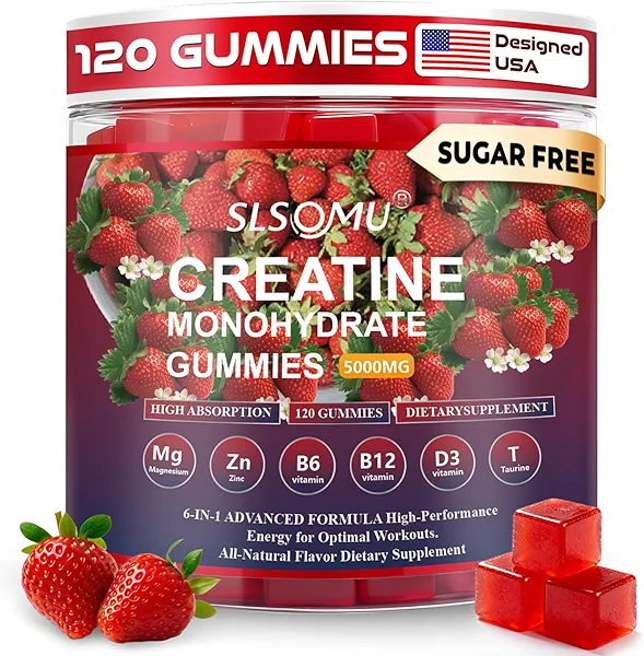 Slsomu Creatine Monohydrate Gummies 5000mg for Women and Men - Pre-Workout Supplement with Magnesium, Zinc & Taurine - Strawberry Flavor - Builds Muscle Strength - Boosts Energy, Vegan - 120 Gummies