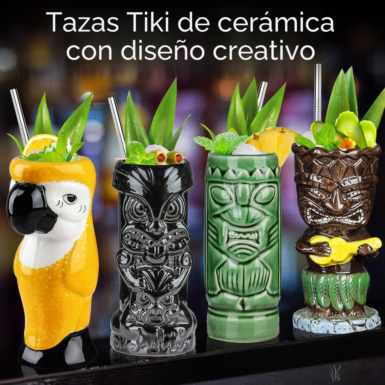 Tiki - Juego de 4 vasos para cócteles y tazas de cerámica tropicales hawaianas Tiki fiesta creativa para cócteles de cristal, gran barra, de primera calidad, tropical, lindo, 4 paquetes de regalo