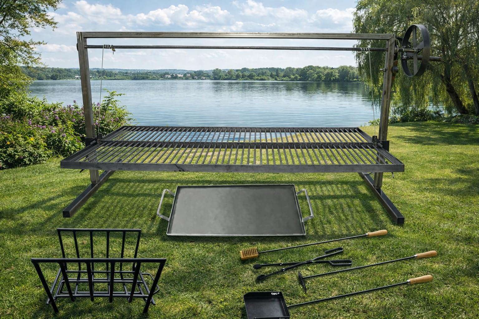 Grill Santa Maria in Stile Argentino in Ferro - Dimensioni: 100 x 50 cm (40 x 20 pollici) Cod 1 (Grill Santa Maria + Brasiere + Attrezzi per il Fuoco)