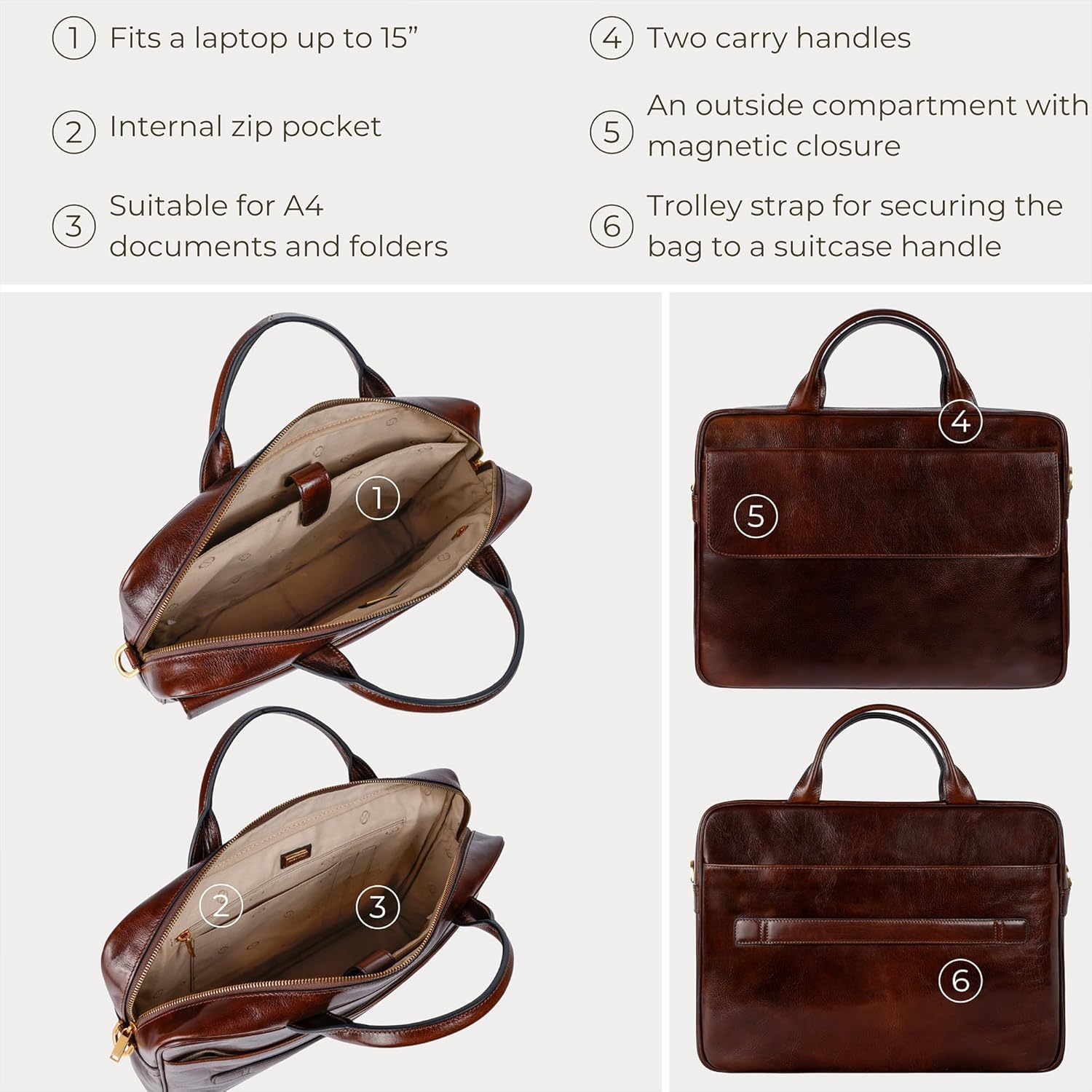 Time Resistance Leather Briefcase - Italian Handmade Leather Laptop Bag - Handbag for Men - Professional Computer Case