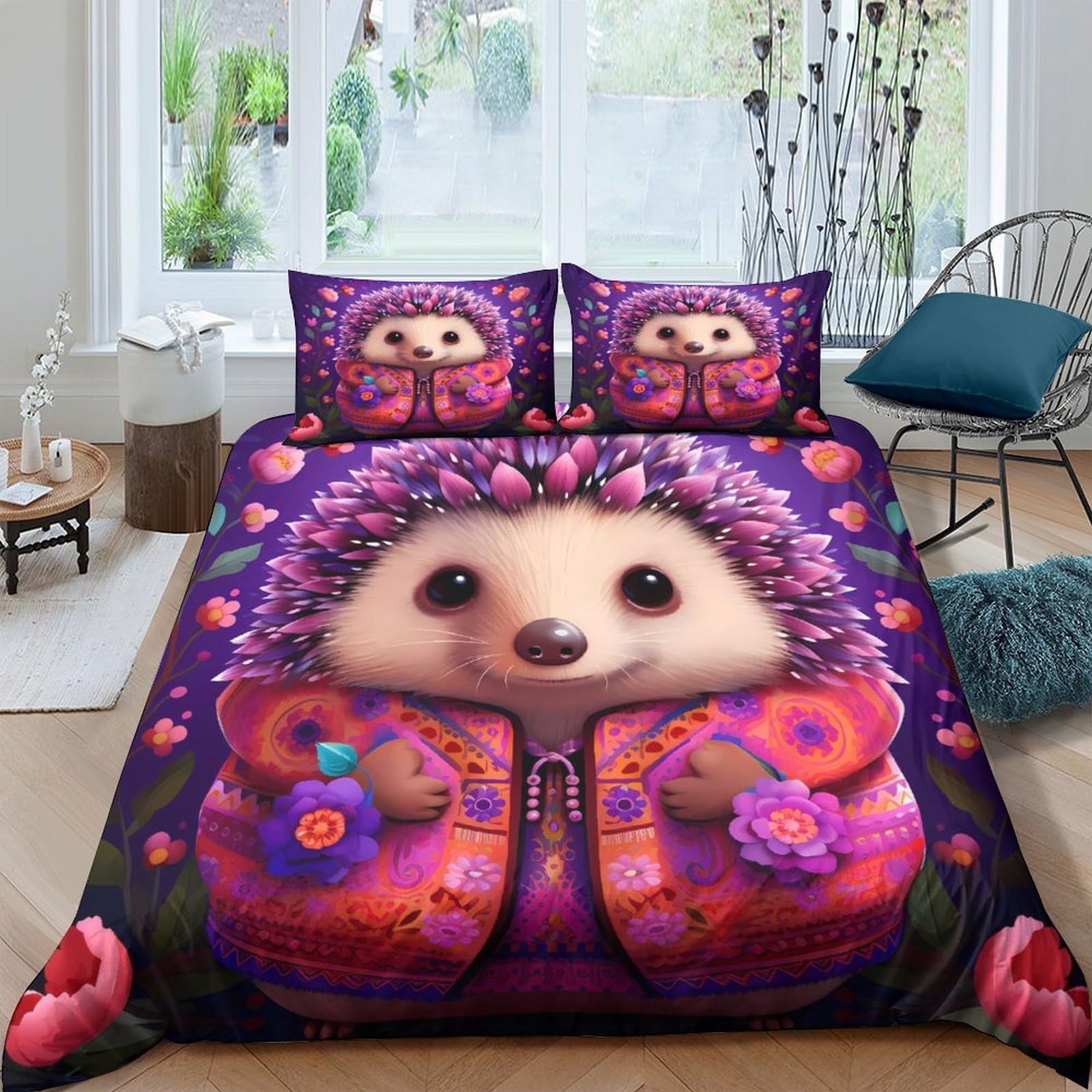 Ctjqhvkz Style-4 3D Printed Cute Hedgehog Fitted Sheet Microfiber Purple Cartoon Floral Bed Cover For Bedroom Dorm Mattress Protection Decor Single（135X200cm）