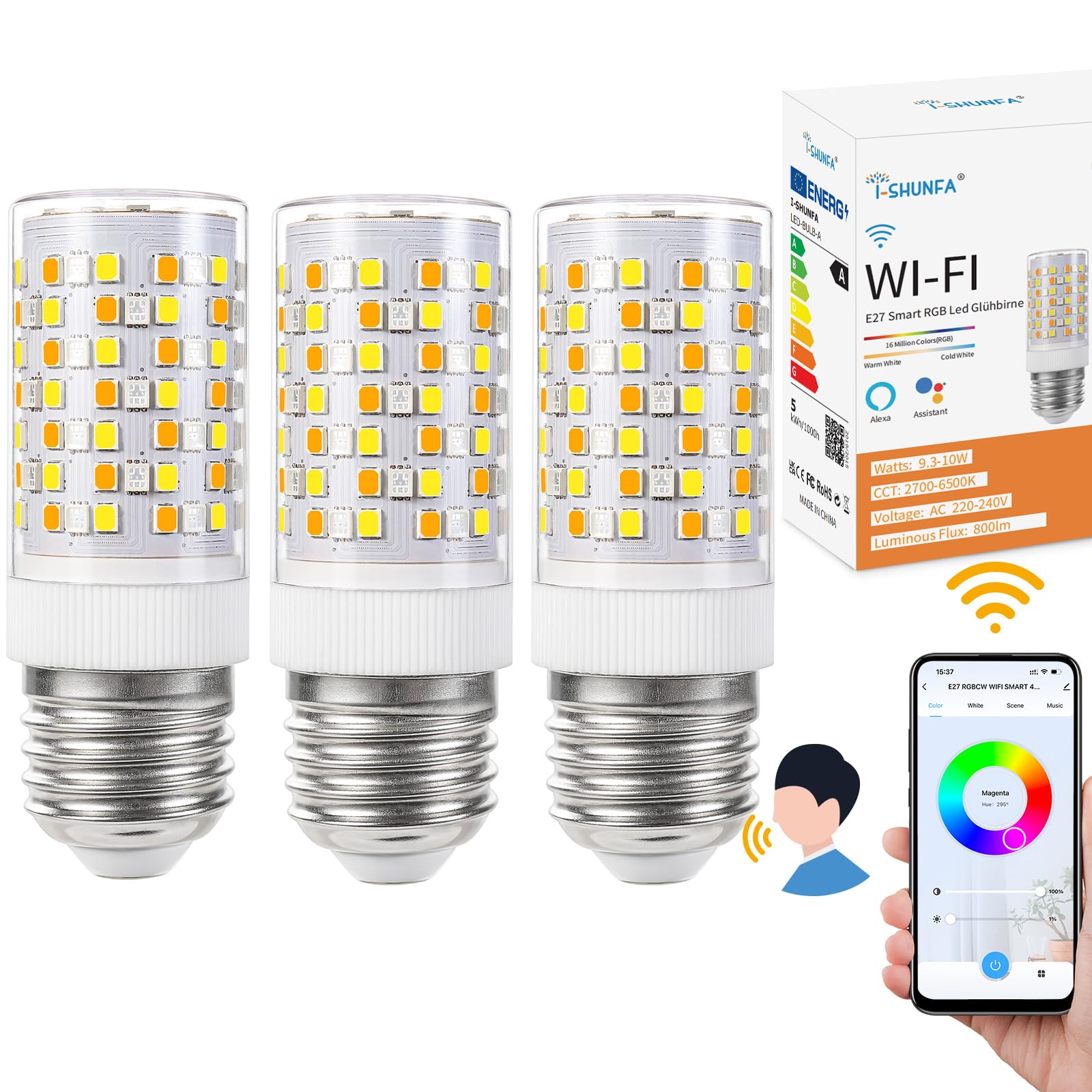 I-SHUNFA E27 RGB Led Smart Glühbirne, Farbwechsel mit Musiksynchronisation Lampen, 10W,12 Szenen, 16 Millionen DIY-Farben（3 Stück）