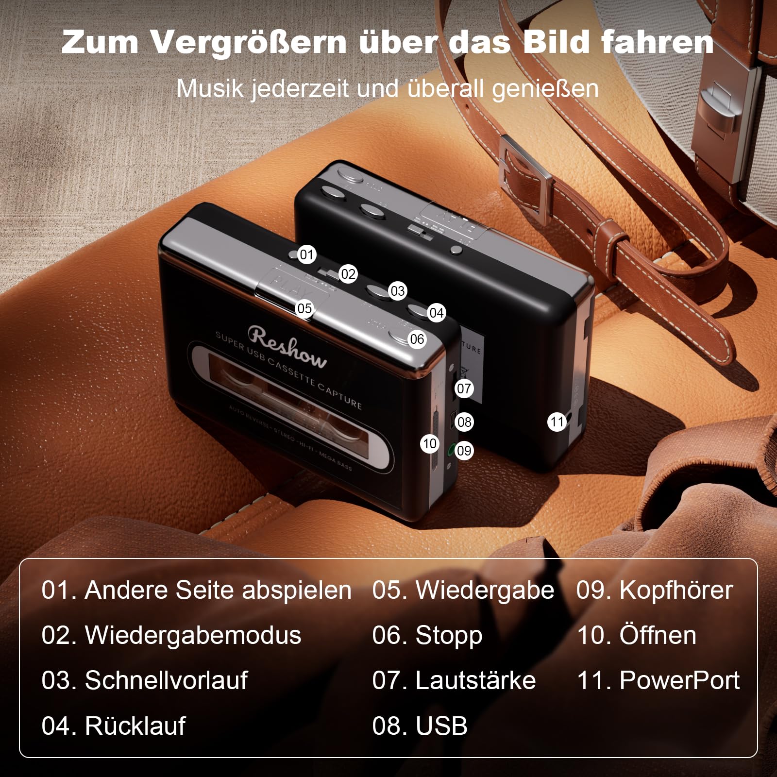 Reshow tragbarer Kassettenspieler, Bandkassetten über USB in MP3 umwandeln & MP3-Musik aufnehmen – Schwarz