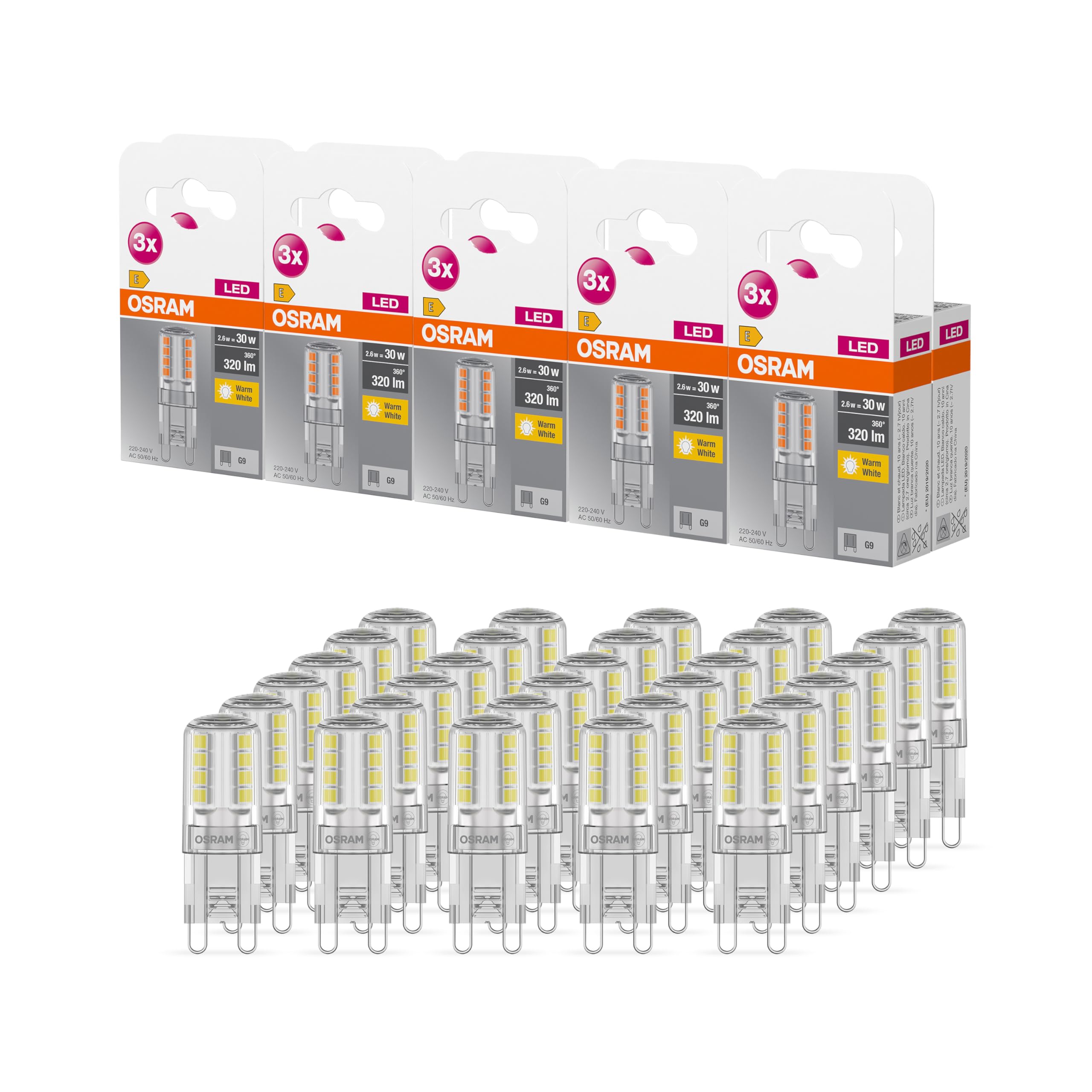 Osram Base - Bombilla LED pin, casquillo G9, 2,60 W, repuesto para bombilla de 30 W, luz blanca cálida (2700 K), 10 unidades