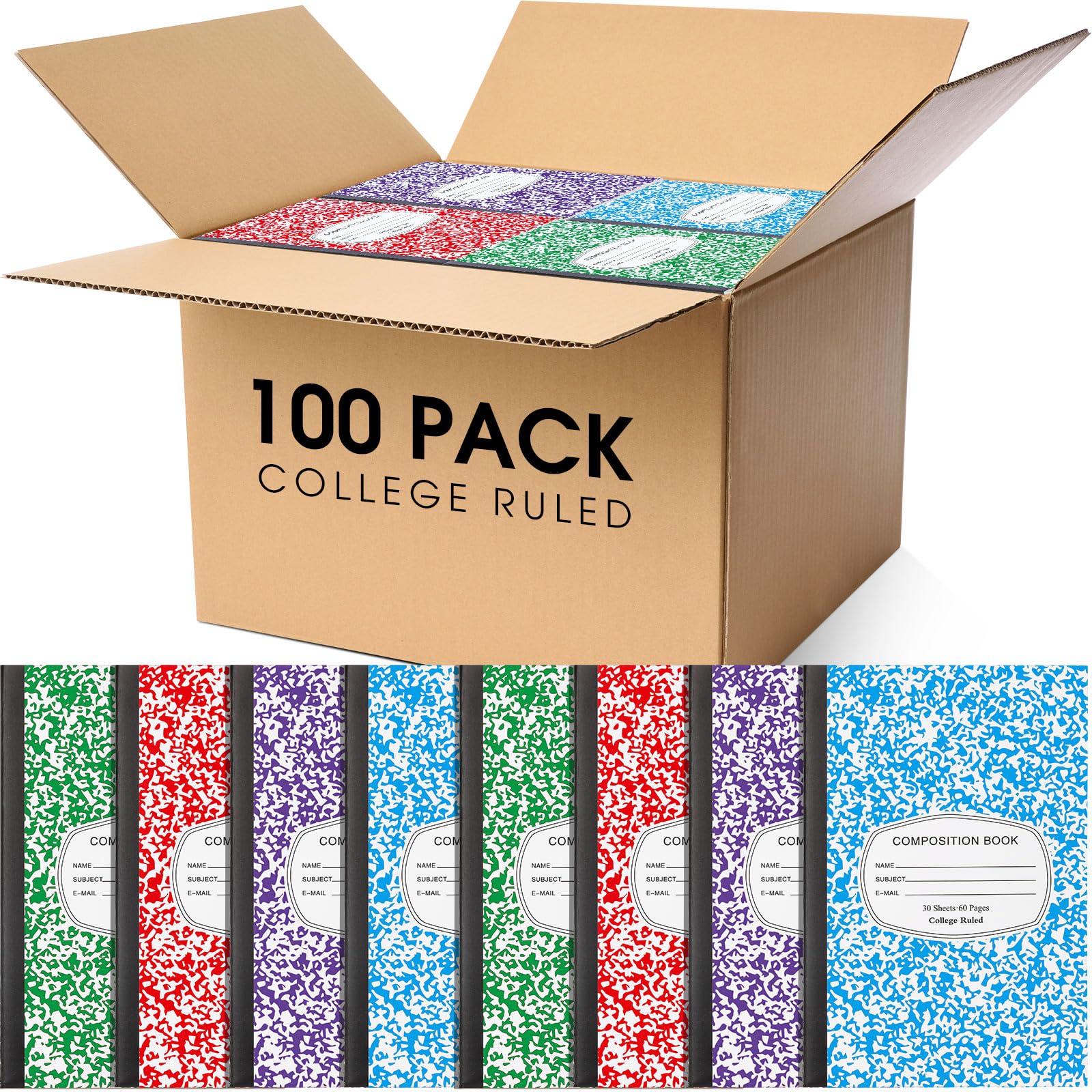 Fainne Confezione da 100 quaderni a righe per composizione universitaria, formato A5, 14 x 20 cm, 30 fogli a righe con copertina marmorizzata, quaderni per università, ufficio, scuola (colore colorato