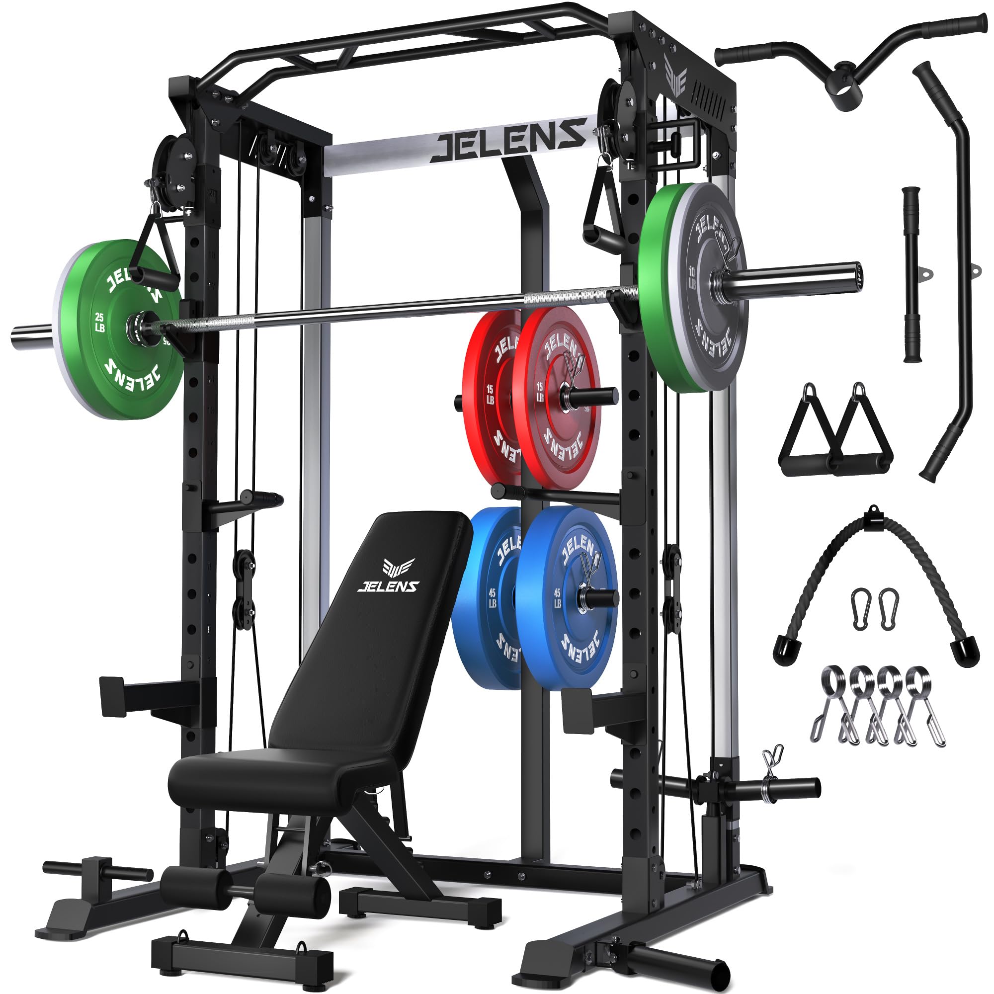 JELENS C21 Power Cage, 2000LBS Multi-Function Power Rack with Independent Dual Pulley System, All-in-One Squat Rack for Cable Crossover, Home Gym Workout Machine