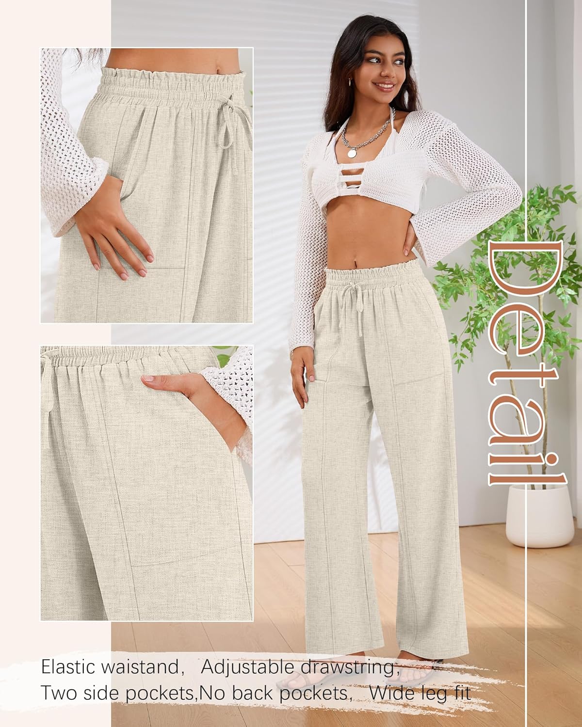 2 Pack Women's Linen Pants Summer Wide Leg Drawstring Elastic Waist Pant Casual Loose Fit Beach Trousers with Pockets(Flaxen, Gray,Large) - Image 5