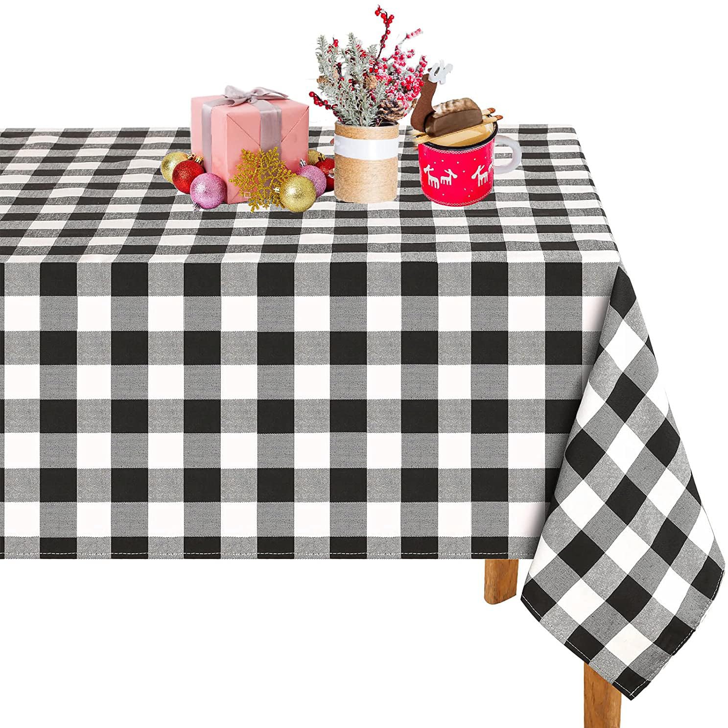 Weihnachtstischdecke, kariert, strapazierfähig, für Winter, Party und Urlaub, 140 x 205 cm, Schwarz und Weiß