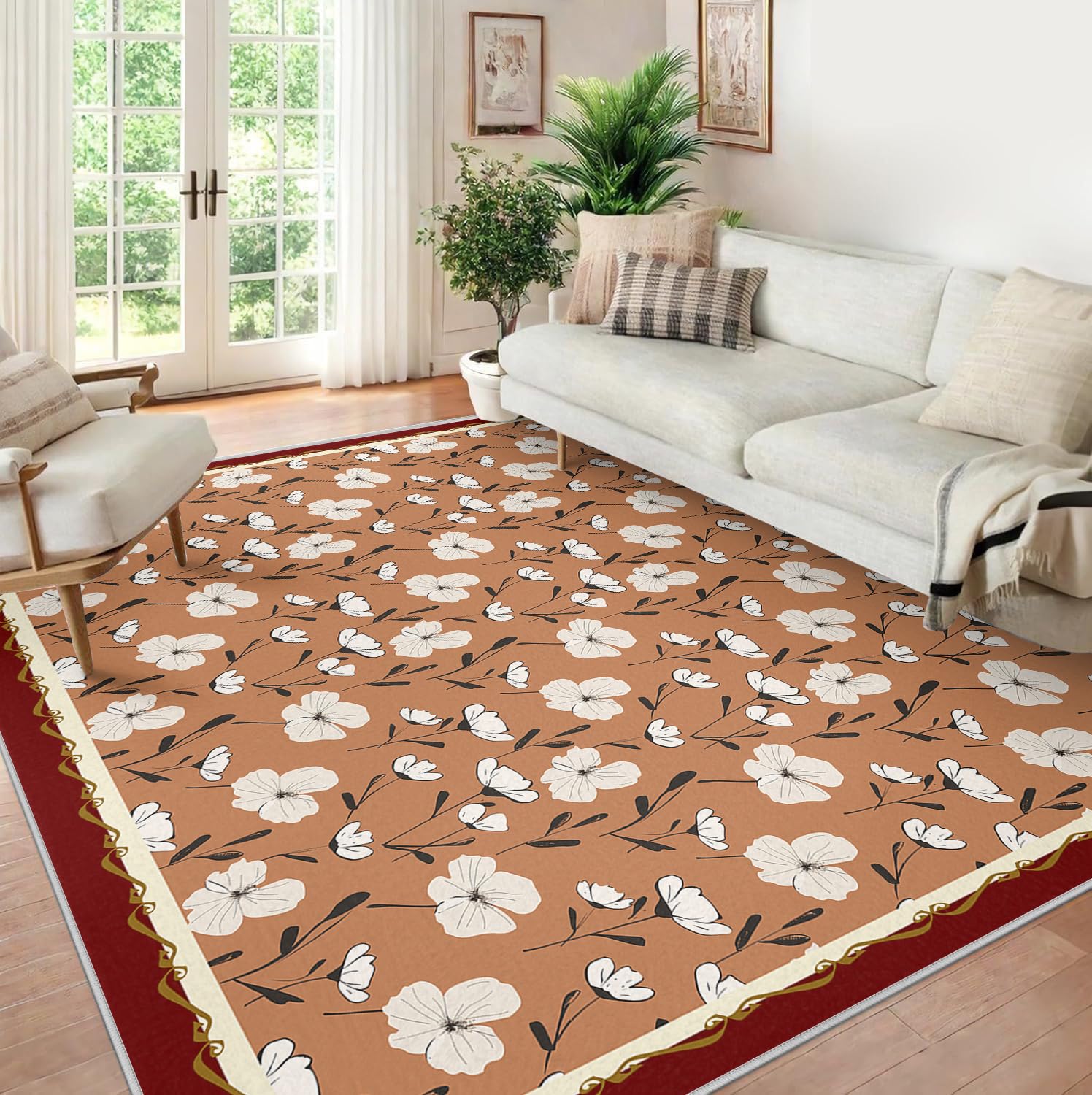 Tapis de salon floraux 80x150cm blanc et rouge à poils ras
