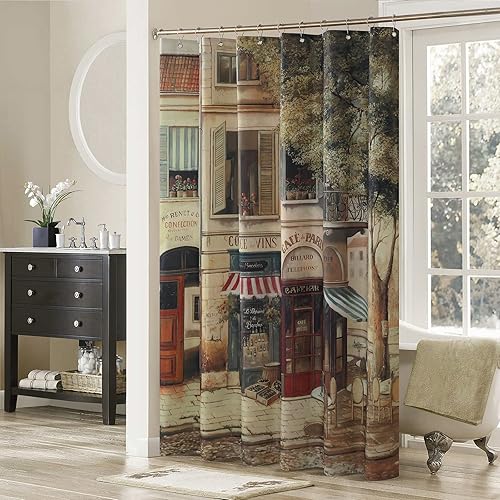 Cafe de Paris Cortina de ducha de tela vintage impermeable con estampado de granja de chocolate de poliéster marrón para baño, 72 pulgadas de ancho