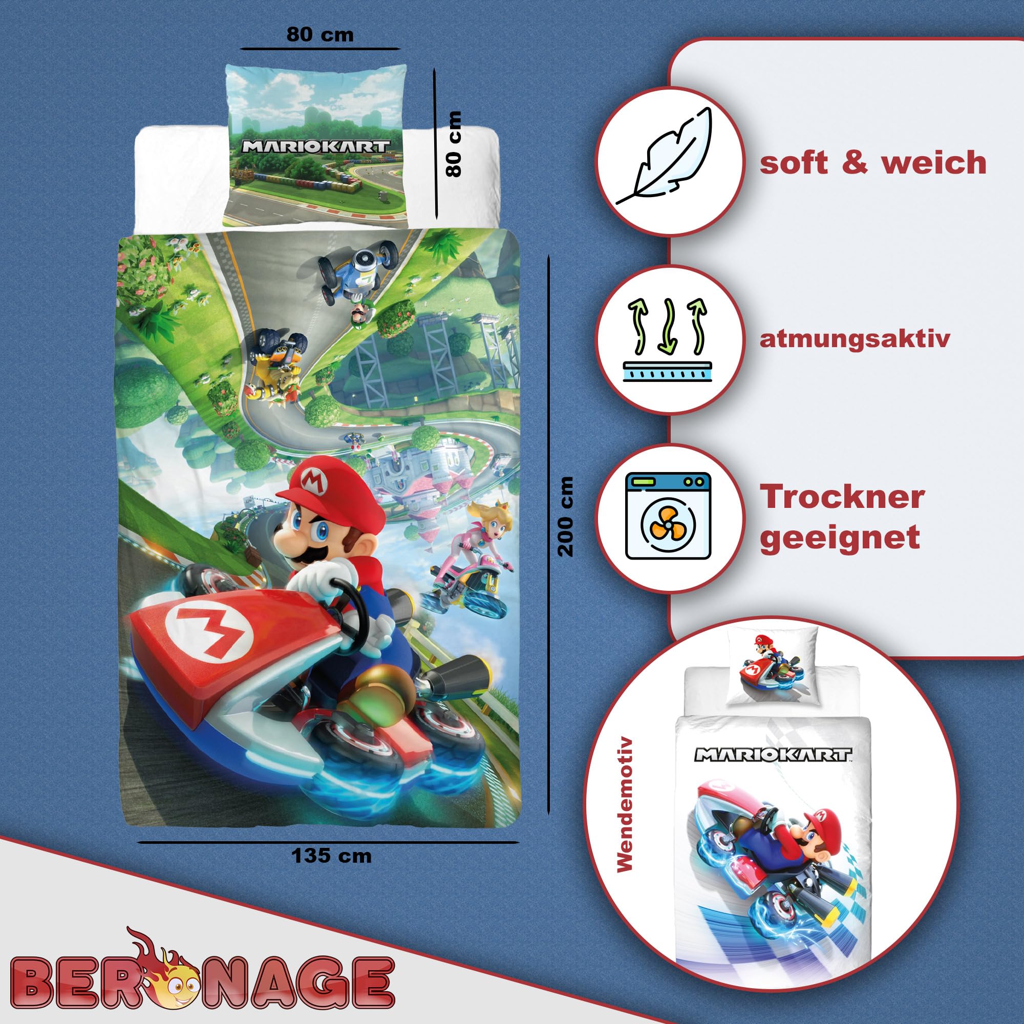 BERONAGE Super Mario Kart Kinderbettwäsche Combo - 135 x 200 cm + 80 x 80 cm – 100% Baumwolle Renforcé-Linon – Bettwäsche mit Motiven von Mario, Bowser & Co. - Rennen - Reißverschluss, deutsche Größe
