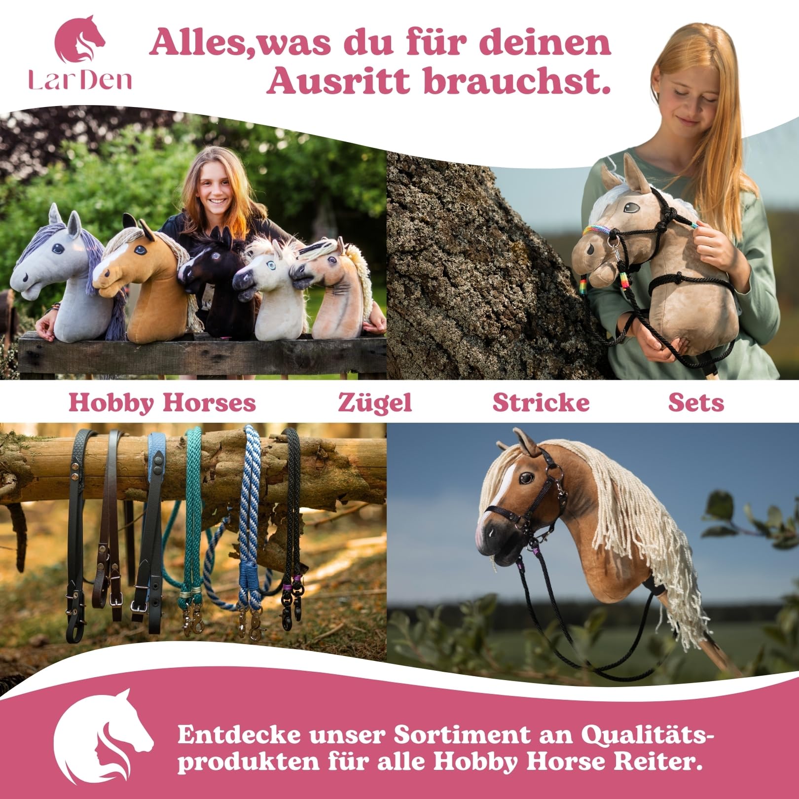LarDen Hobby Horse Zubehör Set Start - Halfter mit Strick, Halsring, Zügel für Große M Steckenpferd - Silber, Stockpferd StarterSet, Hobby Horsing Pferd, Spielzeug Kinder, Spielpferd Führstrick