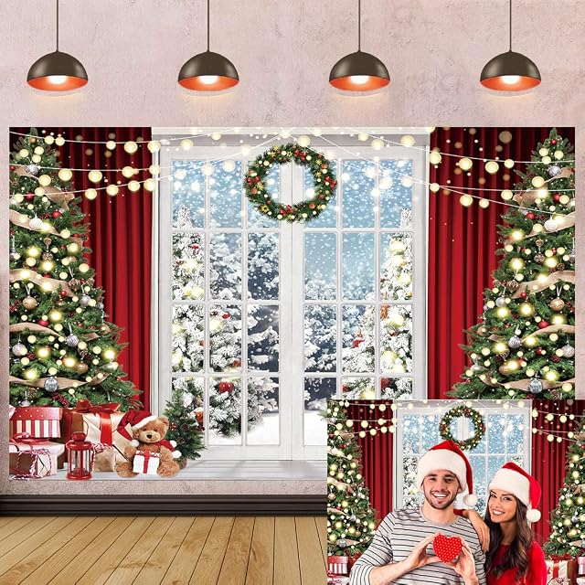 Winter Christmas Window Backdrop for Photography Snow Xmas Tree Garland Holiday Background Photo Booth Portrait Family Holiday Party Decoration Banner Photo Studio Props Supplies 7x5ft