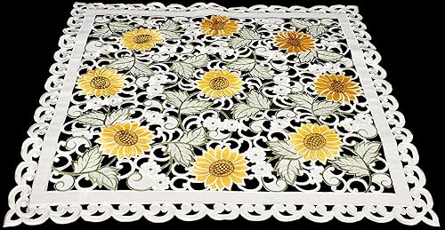 Miniatura 2 de Mantel bordado de girasol y margarita blanca en marfil de tejido abierto, mantel pequeño (cuadrado de 33 pulgadas)