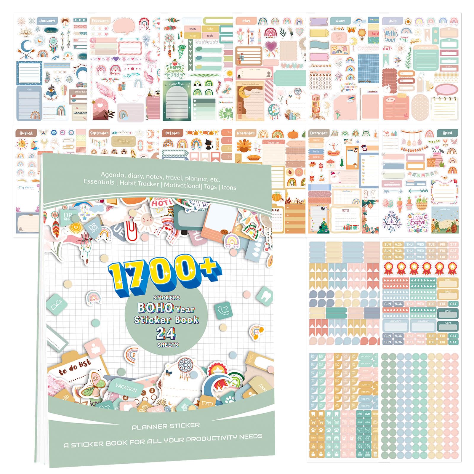 Chihutown Boho Aesthetic Planner Stickers, 24 Sheets (1700+ Pcs), Letter Size, Boho Style, Planner Decoration, Journal Personalization