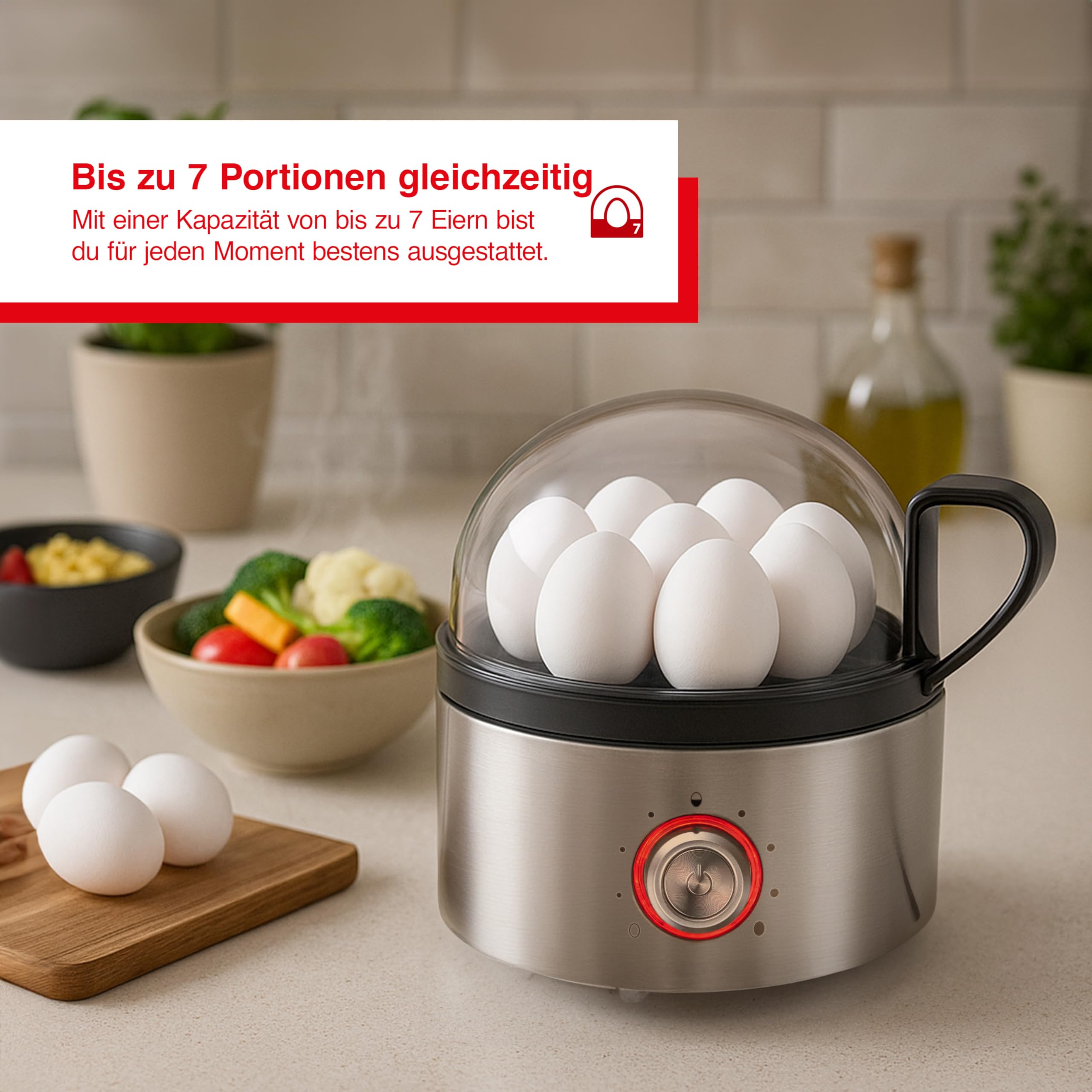 Solis Egg Boiler & More 8272 – Multifunktionaler Eierkocher & Dampfgarer aus Edelstahl, für bis zu 7 Eier, Härtegradeinstellung, LED-Kontrolle, akustisches Signal, sicher & leicht zu reinigen
