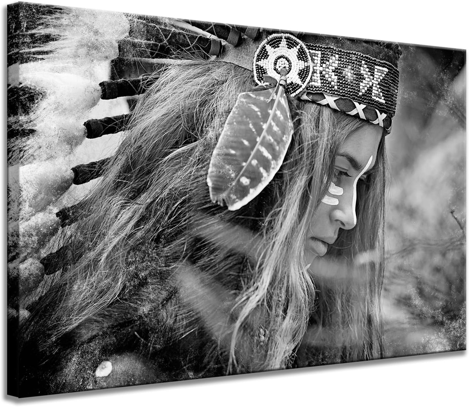 Hello Artwork - Black And White Portrait Canvas Wall Art Indian Women Hunter Native American Girl Feathered Picture On Canvas Stretched And Framed For Home Wall Decor Ready To Hang 24"x36"