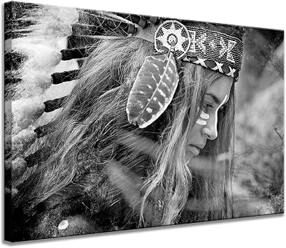 iHAPPYWALL Native American Indians Girl Feathered Canvas Wall Art Stretched and Framed for Bedroom Home Living Room Decor Ready to Hang 24x36inch