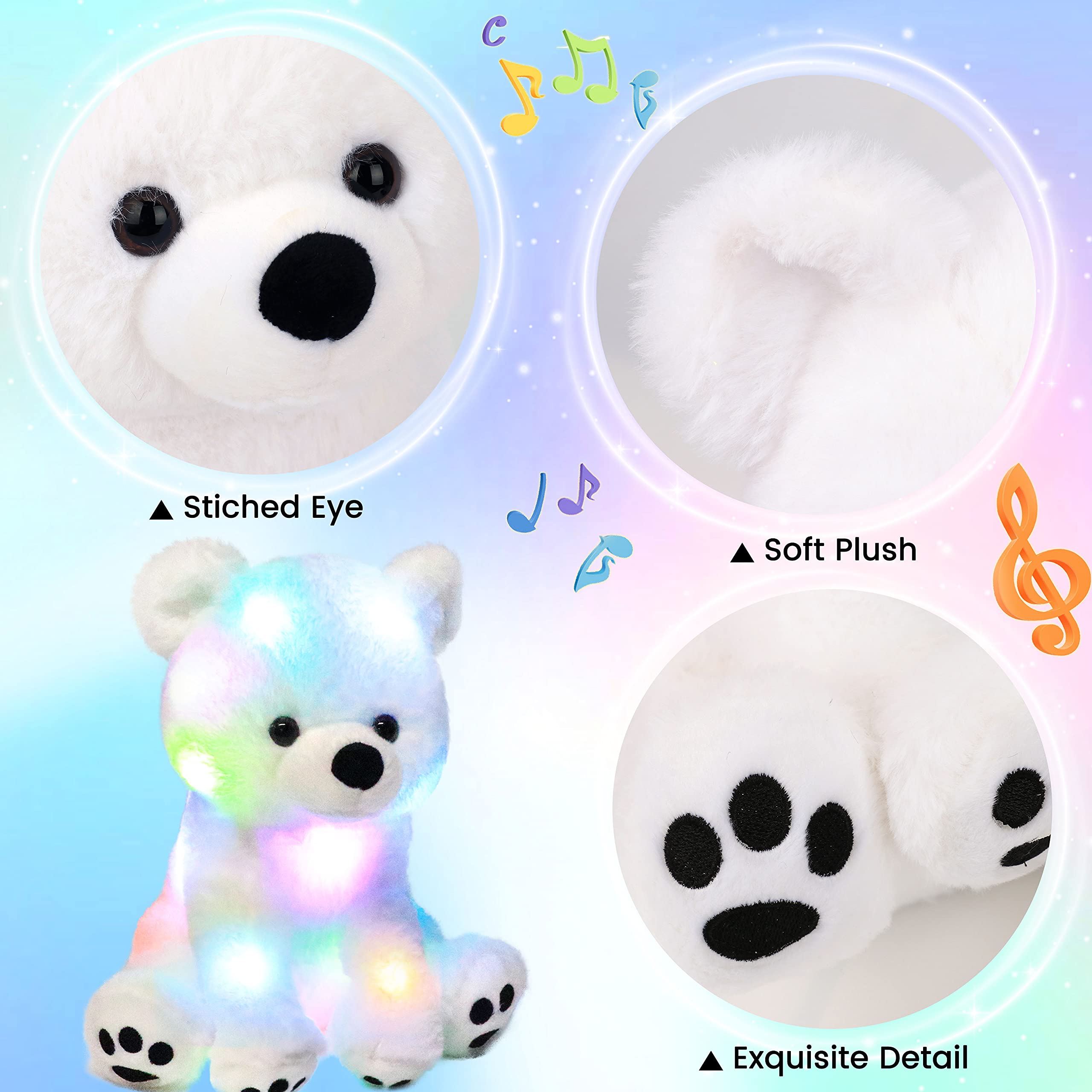 Hopearl Lullaby - Ours Polaire Musical rempli de LED - Jouet en Peluche - Volume réglable - Animé - pour Enfants et Jeunes Filles - Blanc - 28 cm