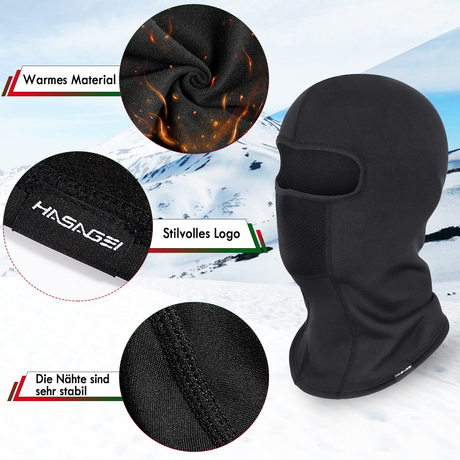 HASAGEI - Passamontagna traspirante per il viso, maschera da sci invernale, adatto per andare in moto, unisex, Nero , taglia unica