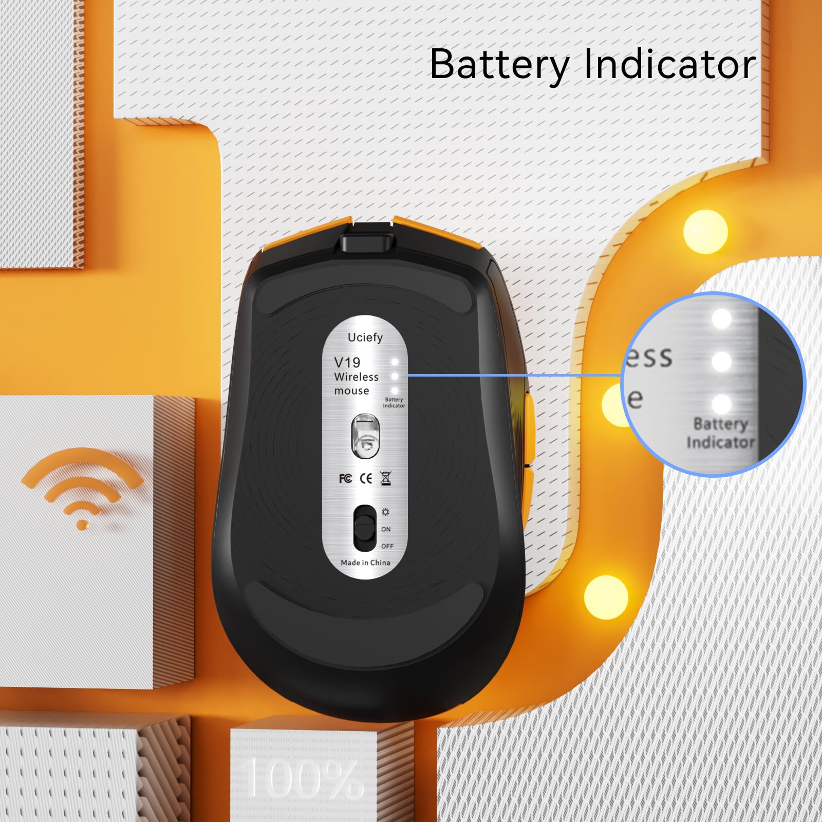 V19 Mouse inalámbrico, 2.4 GHz recargable LED con indicador de batería, ratones magnéticos para computadora con receptor USB y adaptador tipo C para portátil/PC/Mac/Chromebook, naranja 4
