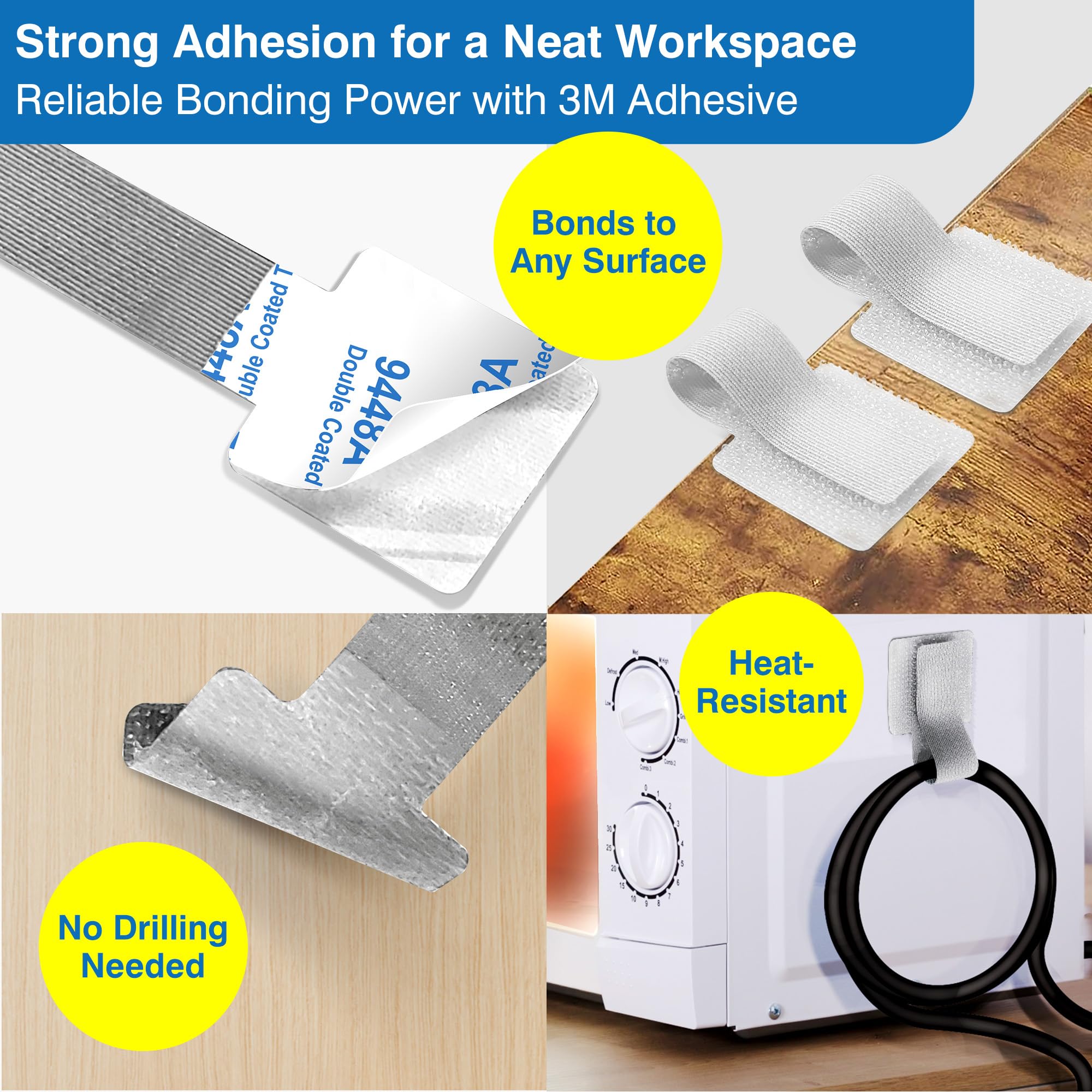 Selbstklebende Klett-Kabelbinder mit 2 Rollen Verlängerungsgurten – Kabel-Organizer mit klebender Rückseite für Kabelmanagement unter dem Schreibtisch, Nylon-Draht-Organizer für Zuhause und Büro,