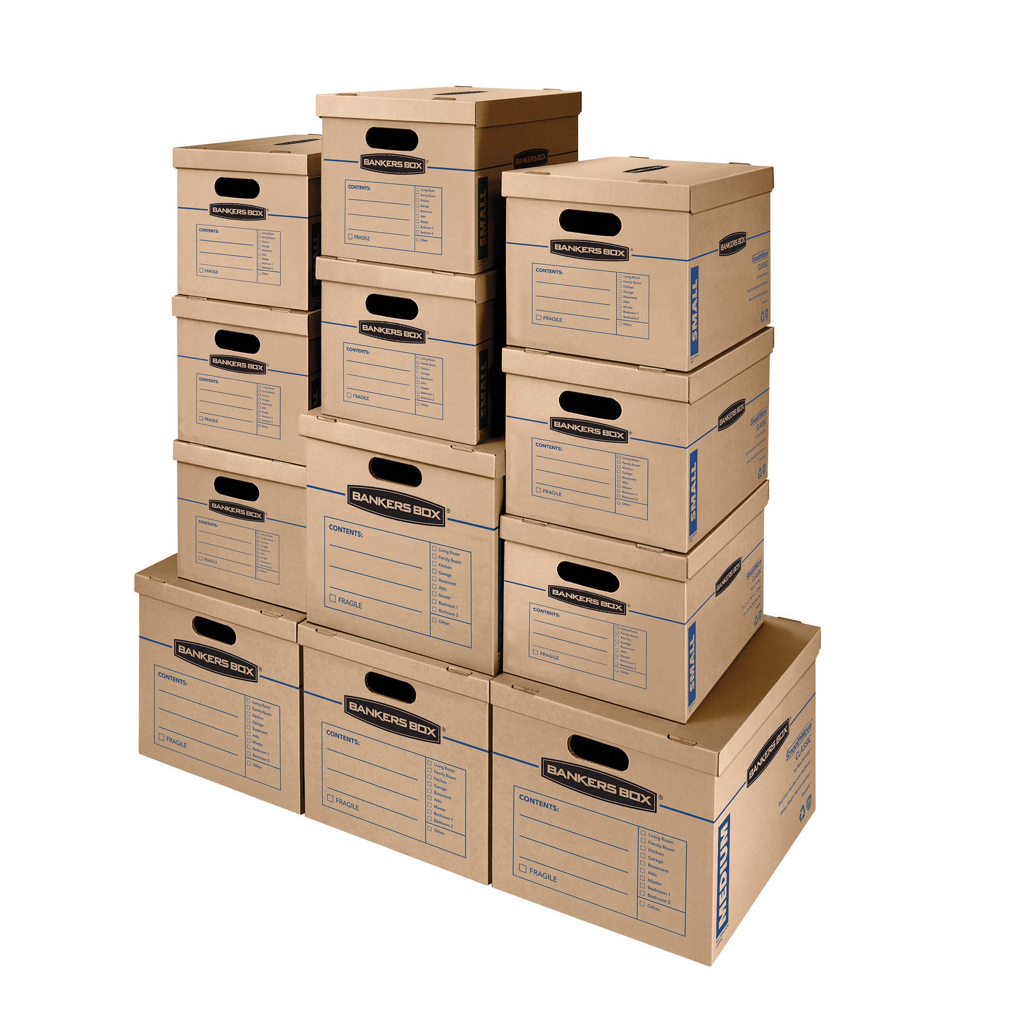 SmoothMove Classic Moving Boxes, Tape-Free Assembly, Easy Carry Handles, Brown, Assorted 12 Pack (7716401)