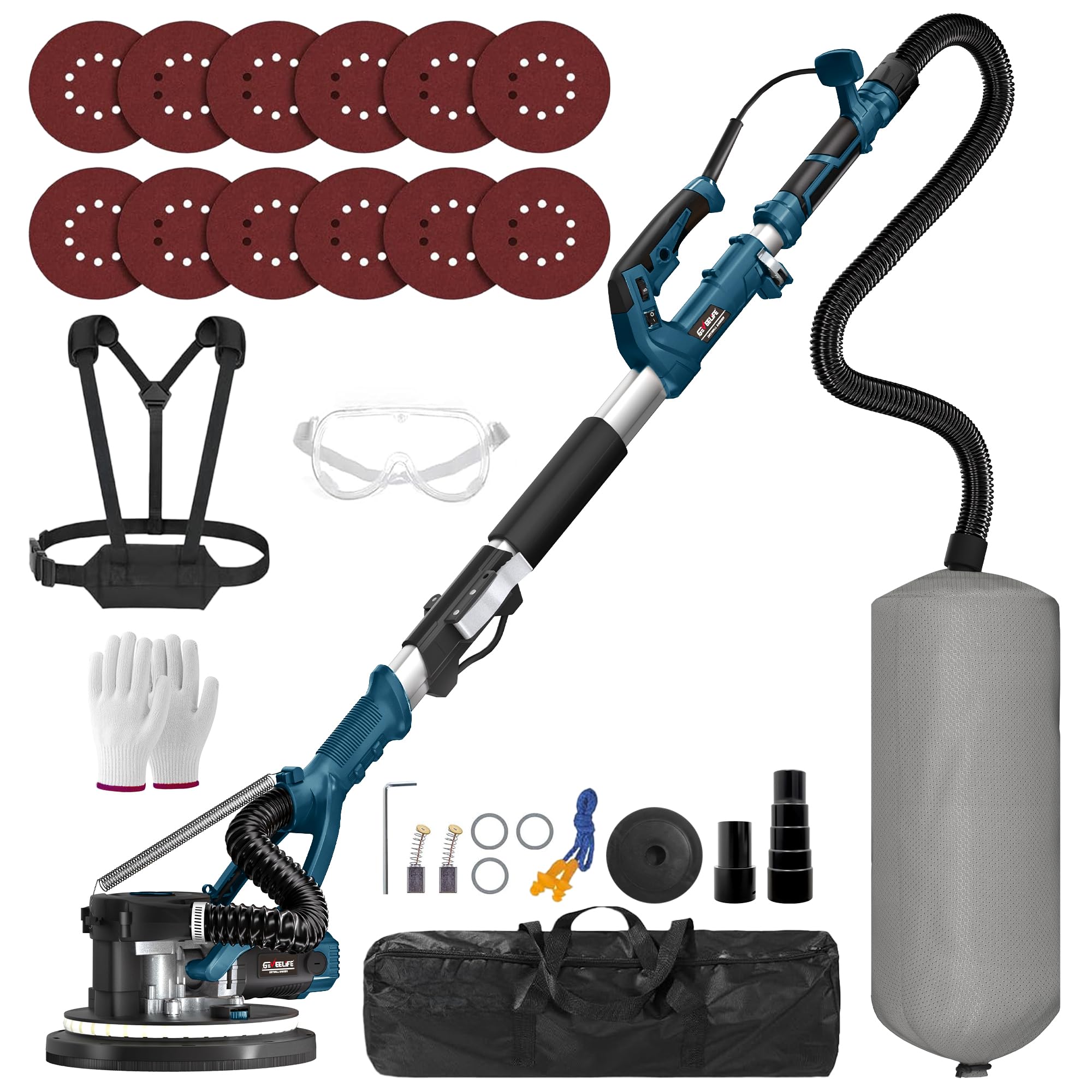 GEVEELIFE Drywall Sander, 880W 7.33A Electric Drywall Sander with Vacuum Dust Collector, 5 Variable Speed 1000-2100RPM, LED Light, Foldable &amp; Extendable Handle, 12 Sanding Discs