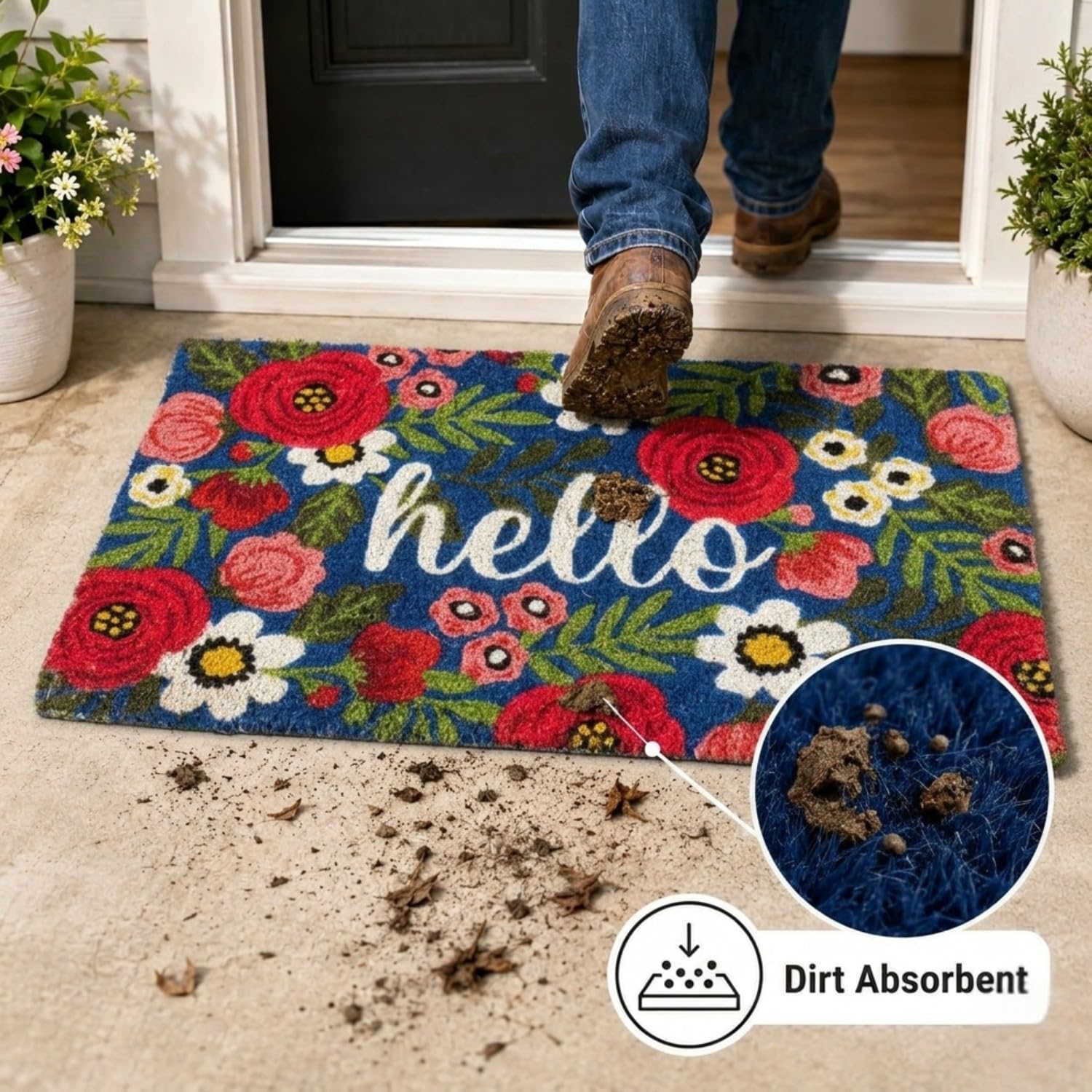 Floral Hello Doormat-18x30 L-Eco Friendly Coco Coir Fiber, Durable