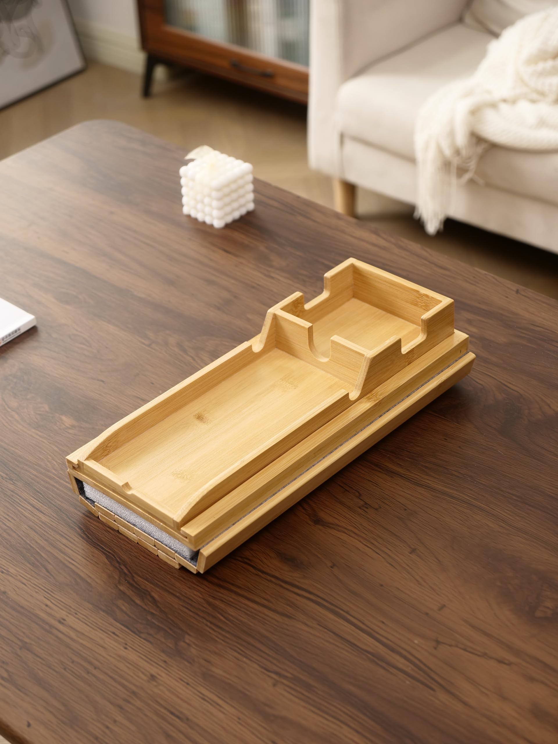 Uwenkjie Natural bamboo sofa armrest tray, three in one pull-out and detachable sofa cup holder - Image 3