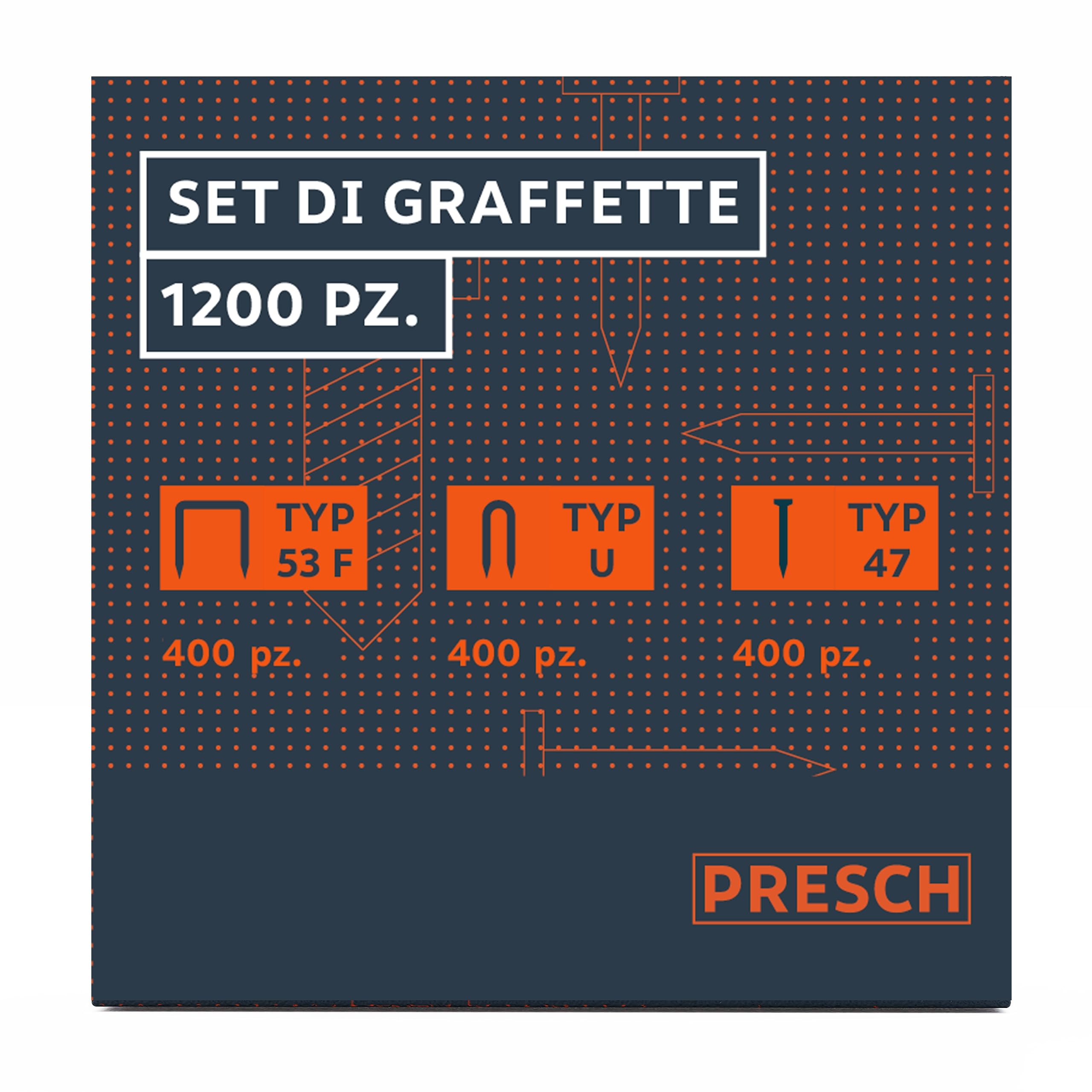 PRESCH Set di graffette per cucitrice 1200 pezzi - Graffette per cucitrice manuale incl. graffette tipo 53F, graffette a U e chiodi - Graffette a filo piatto per cucitrice manuale
