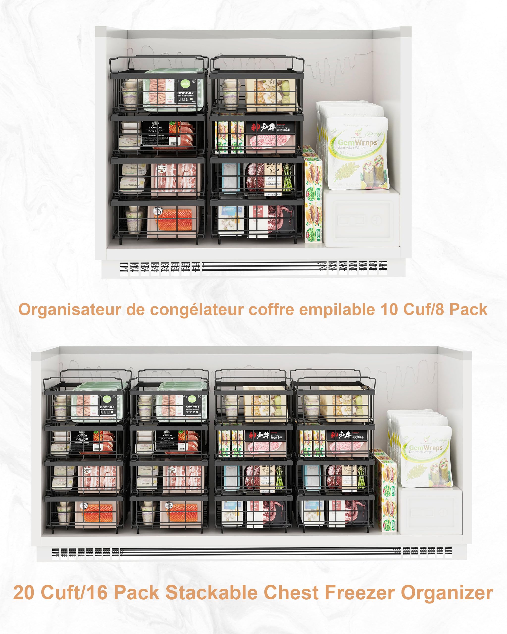 UMDONX Paniers de congélation Noir - 2 paquets de paniers de congélation pour coffre for 283 à 566L congélateur - Organisateur de congélation empilable pour coffre,Longueur extensible(29-45x30x15cm)
