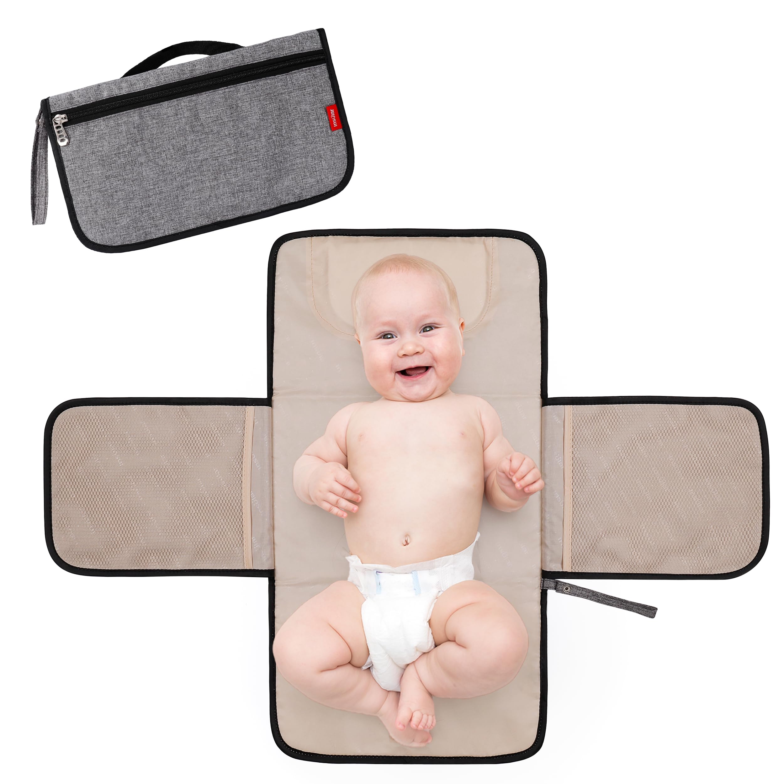 Matelas à Langer de Voyage pour Bébé Imperméable Pliable Tapis a Langer Portable Avec Coussin Pour la Tête Gris