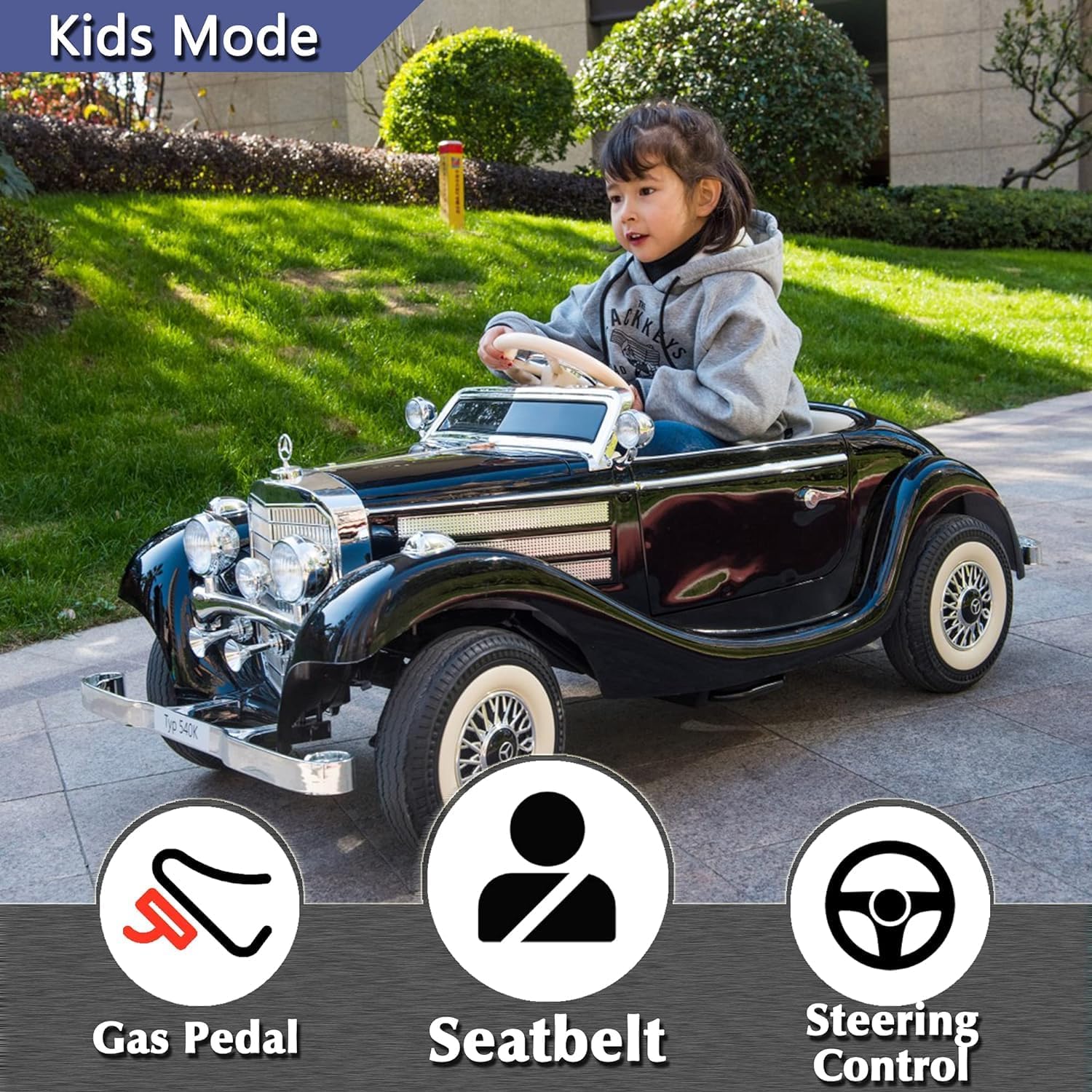 sopbost 12V 4WD Licensed Mercedes Benz Kids Electric Car Battery Powered 4 Wheels Ride On Toy with Remote Control 1+1 2-Seater, 220Lbs Load Capacity, White