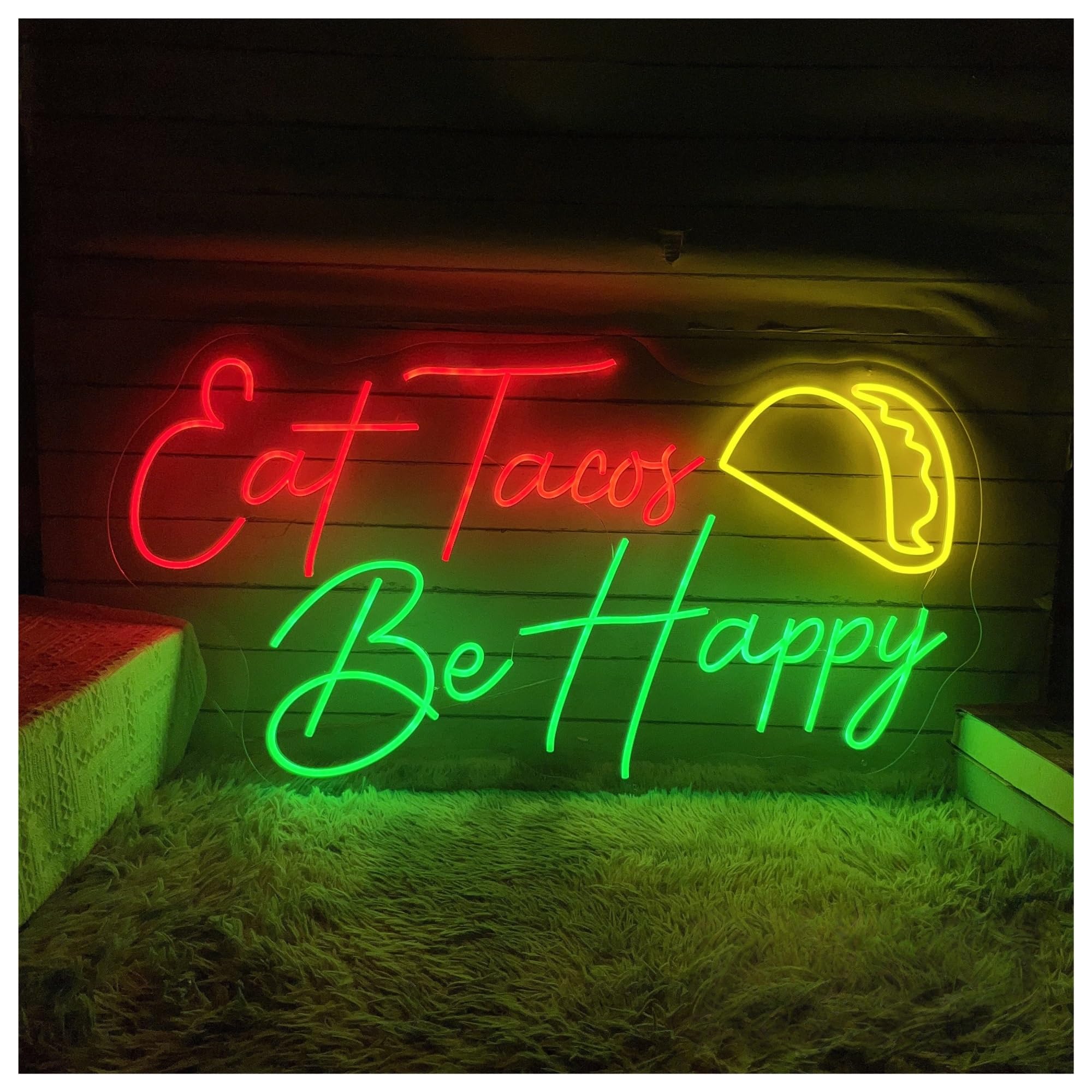 SHOUXI Sign Lamp Eat Tacos Be Happy Neon Sign, Restaurant Light for Kitchen Wall Taco Party Decoration 27cmx50cm(A)