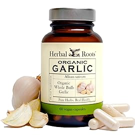 Herbal Roots Organic Whole Bulb Garlic Pills - Potent Extra Strength | 600 mg - 60 Organic Vegan Capsules