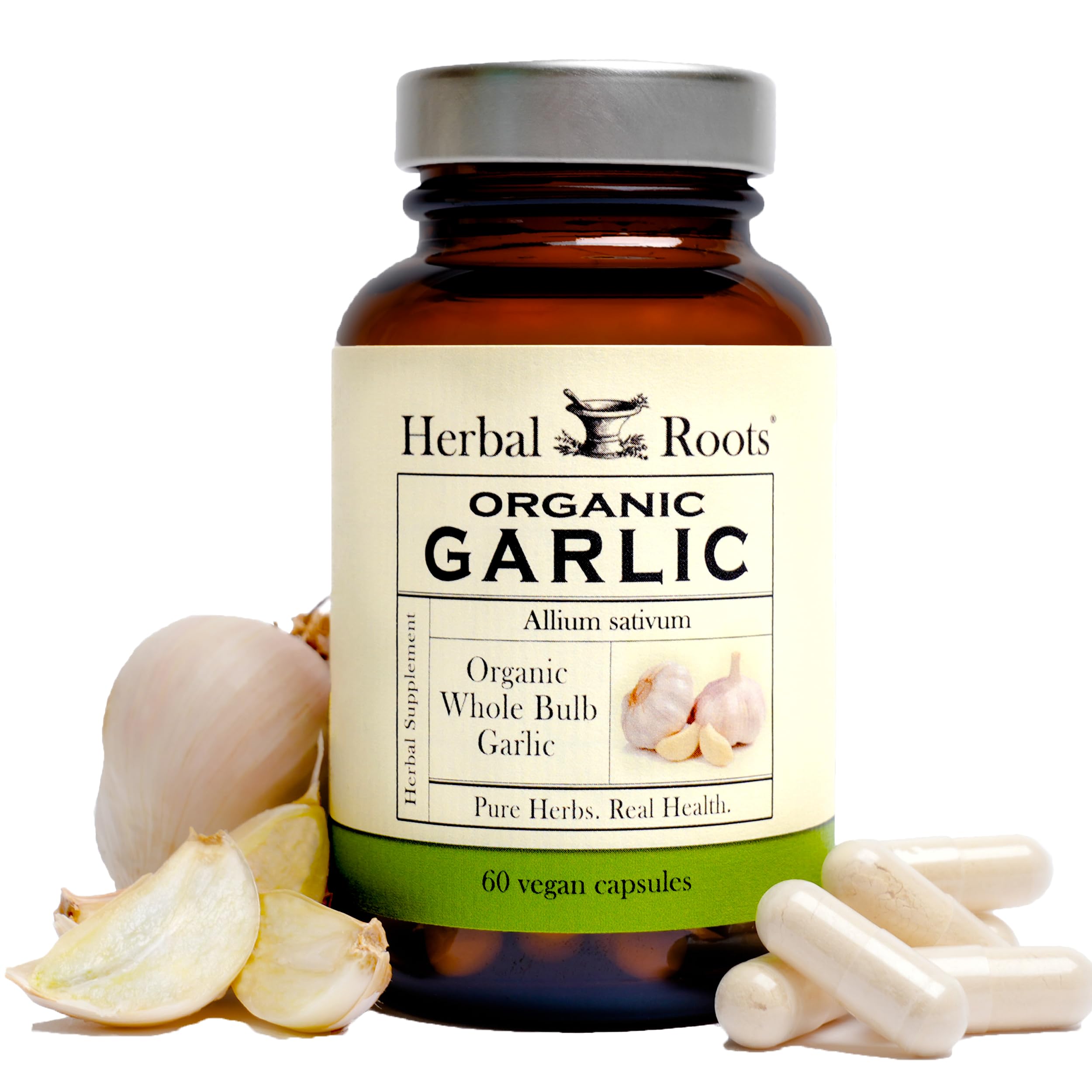 Herbal Roots Organic Whole Bulb Garlic Pills - Potent Extra Strength | 600 mg - 60 Organic Vegan Capsules