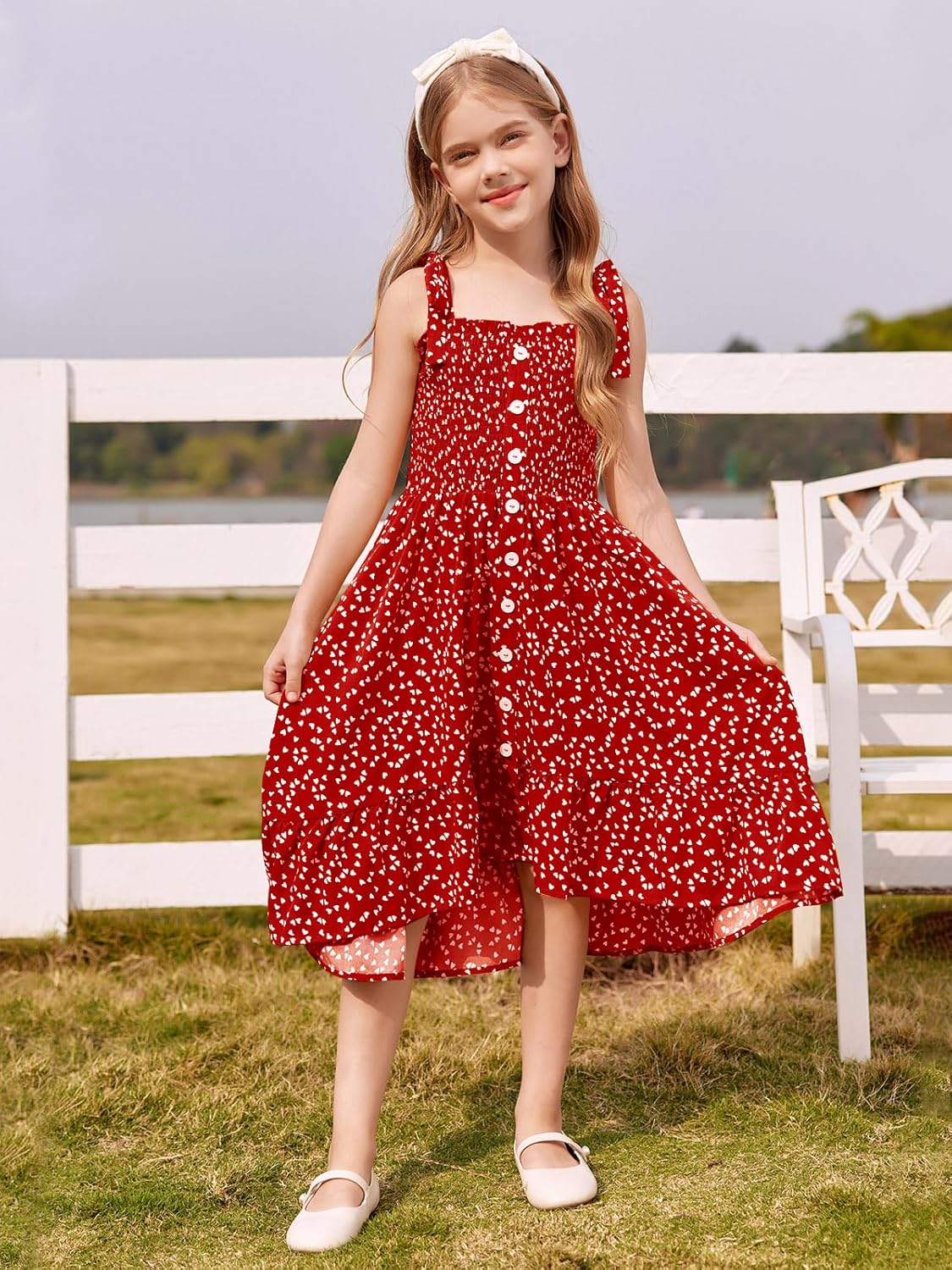 Girls Summer Dress Kids Sleeveless Tie Strap Boho Beach Midi Dress Smocked Ruffle Flowy Sundresses - Image 6
