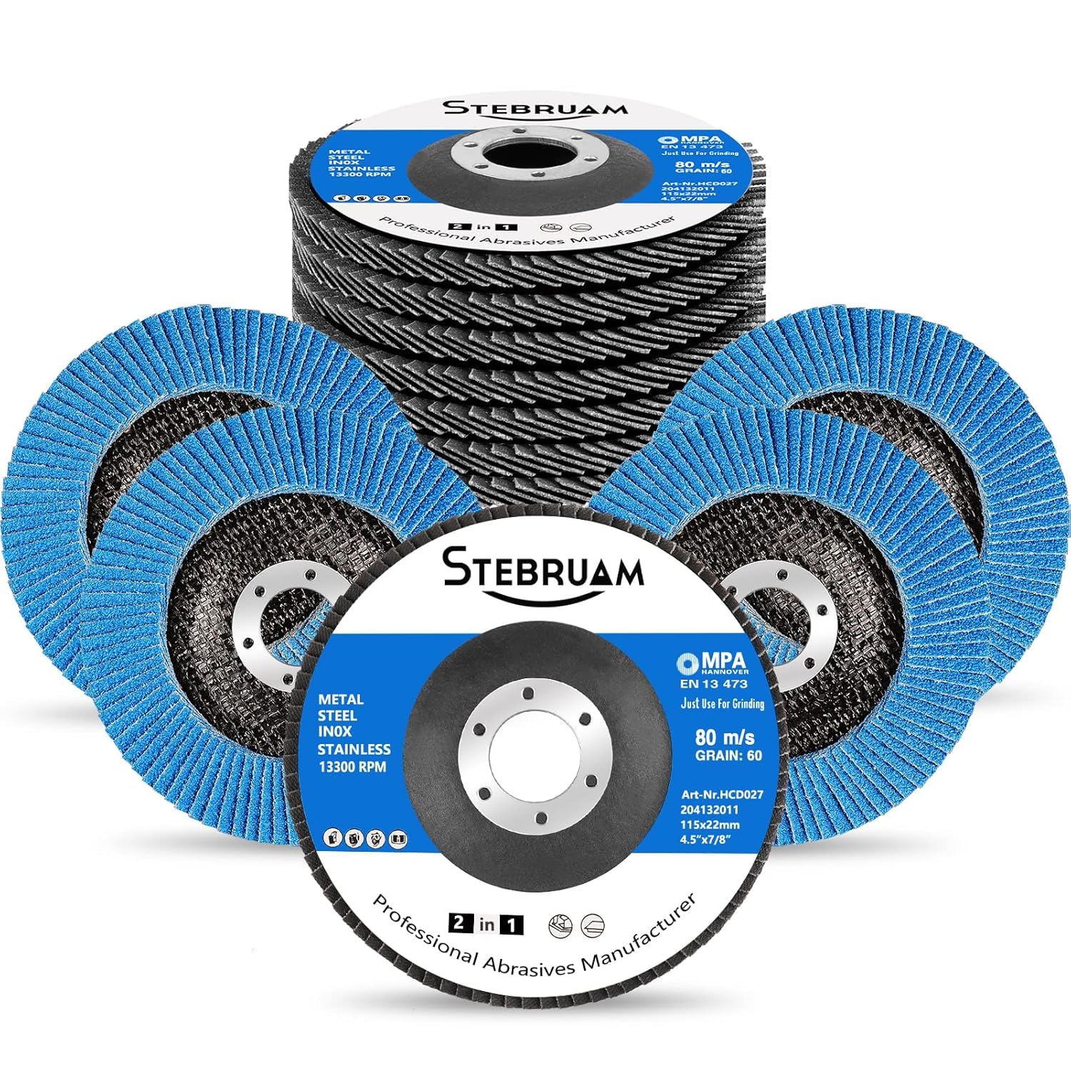 STEBRUAM 12 pezzi dischi lamellari da 115 mm, Disco Abrasivi grana 60, per Smerigliatrice Angolare a Batteria, GWS, BTI, Acciaio Inossidabile Metallo e Legno