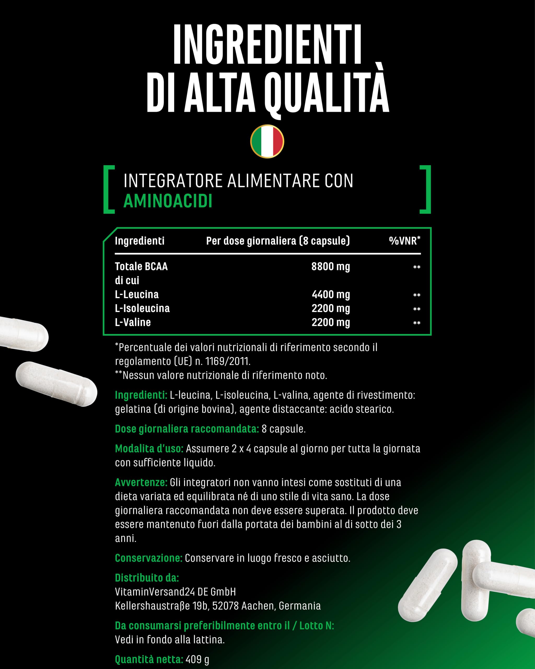 BCAA 2:1:1 ULTRA CAPS® - 320 Capsule - 1100 mg per Capsula - 8800 mg per Dose Giornaliera - L-Leucina, L-Isoleucina e L-Valina - Aminoacidi Essenziali