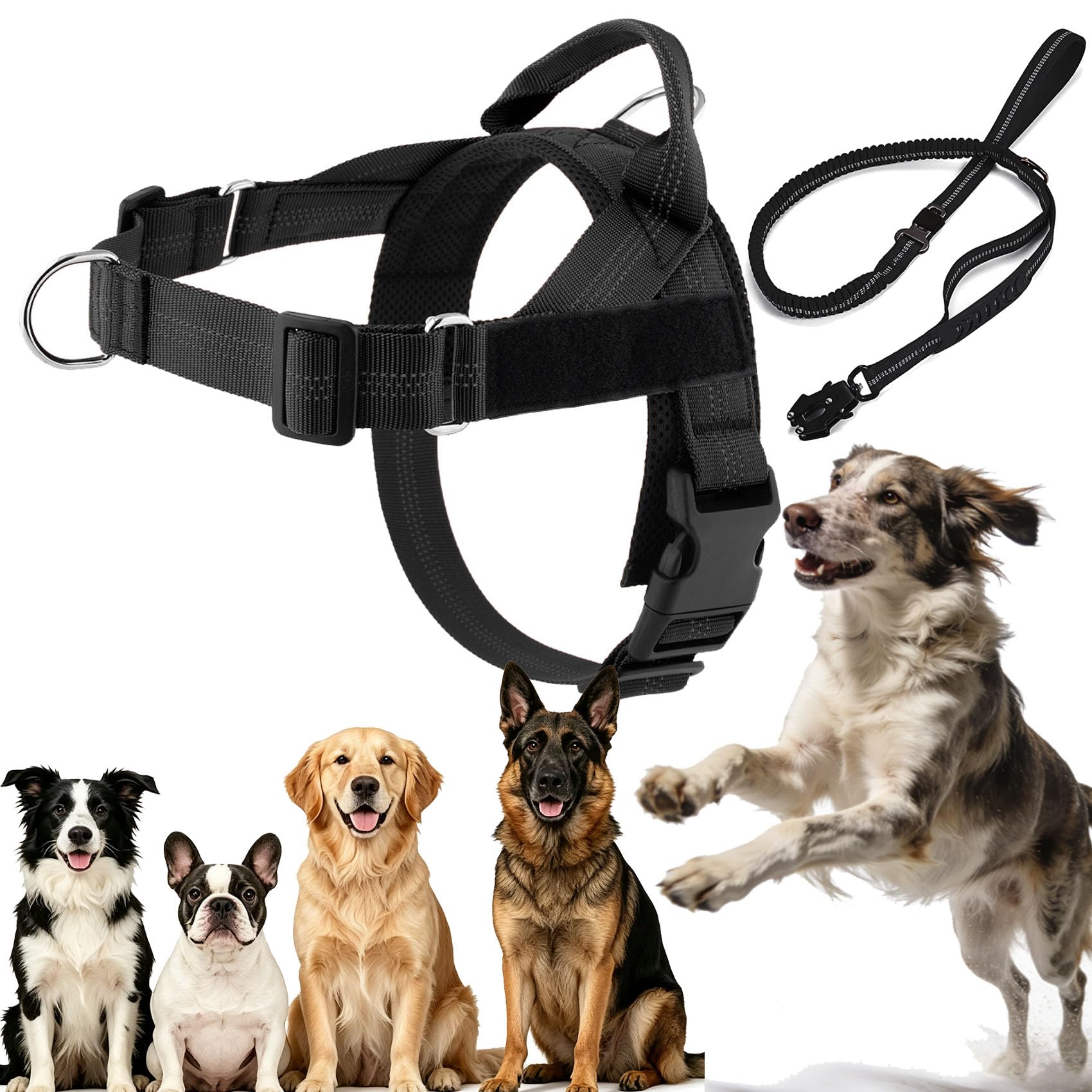 Harnais Veltrio Anti Traction, Promenades Plus Sûres, Contrôlées (Noir,XL) | Harnais Chien Anti Traction Avec Corde De Traction, 2 Points D'attache, Réfléchissant Avec Poignée De Contrôle Pour Promenade