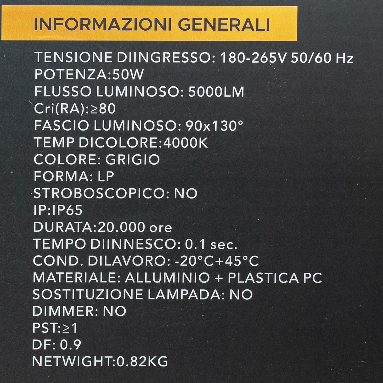 Planetitaly Faro Armatura Luce Stradale IP65 Lampione LED 50W inclinabile 90° Led 4000K 5000lm 230V, Ideale per Campi da Calcio, Tennis, Padel, Giardino, Garage, Parcheggio, Viale, Luce di Sicurezza