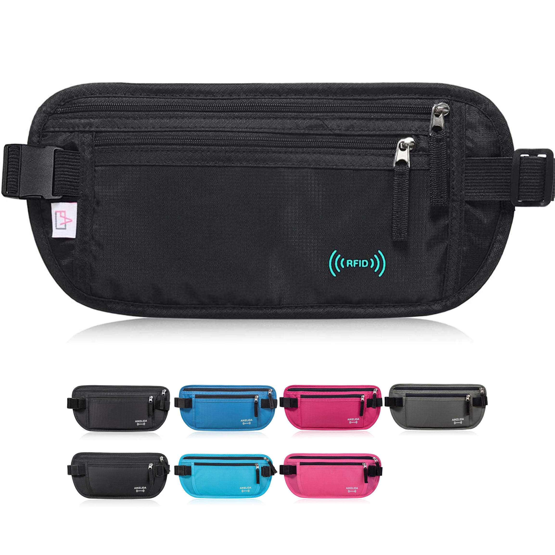 AIKELIDARFID Blocking Travel Wallet - Money Belt & Passport Holder, Travel Fanny Pack for Women Men - Black