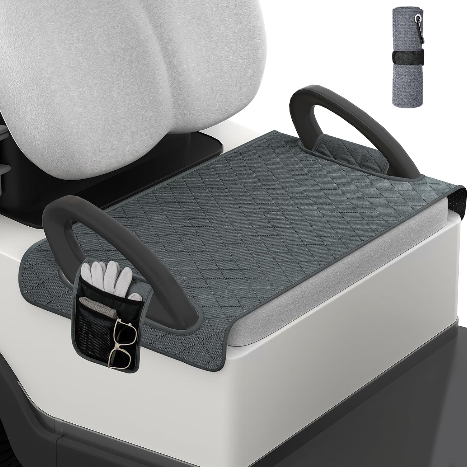 Golf Cart Seat Cover with Matching Towel | 4 Convenient Side Pockets, Anti-Slip & Waterproof Protection | Fits EZGO, Yamaha, Club Car and More | 100% Breathable Cotton for All-Season Comfort (Grey)