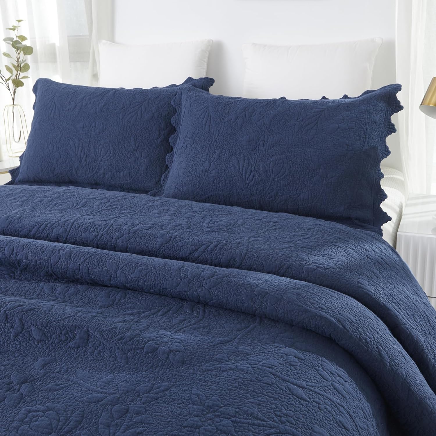 Brandream Standard Size Quilted Pillow Shams Cotton Set of 2 Navy Blue Vintage Farmhouse Scallop Edge Decorative Pillow Covers