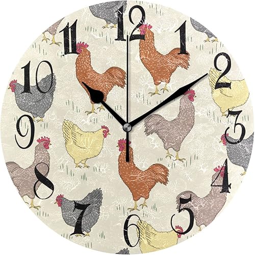 ALAZA Rooster - Reloj de pared redondo amarillo de pollo, sin tictac, funciona con pilas, reloj decorativo para sala de estar, hogar, oficina